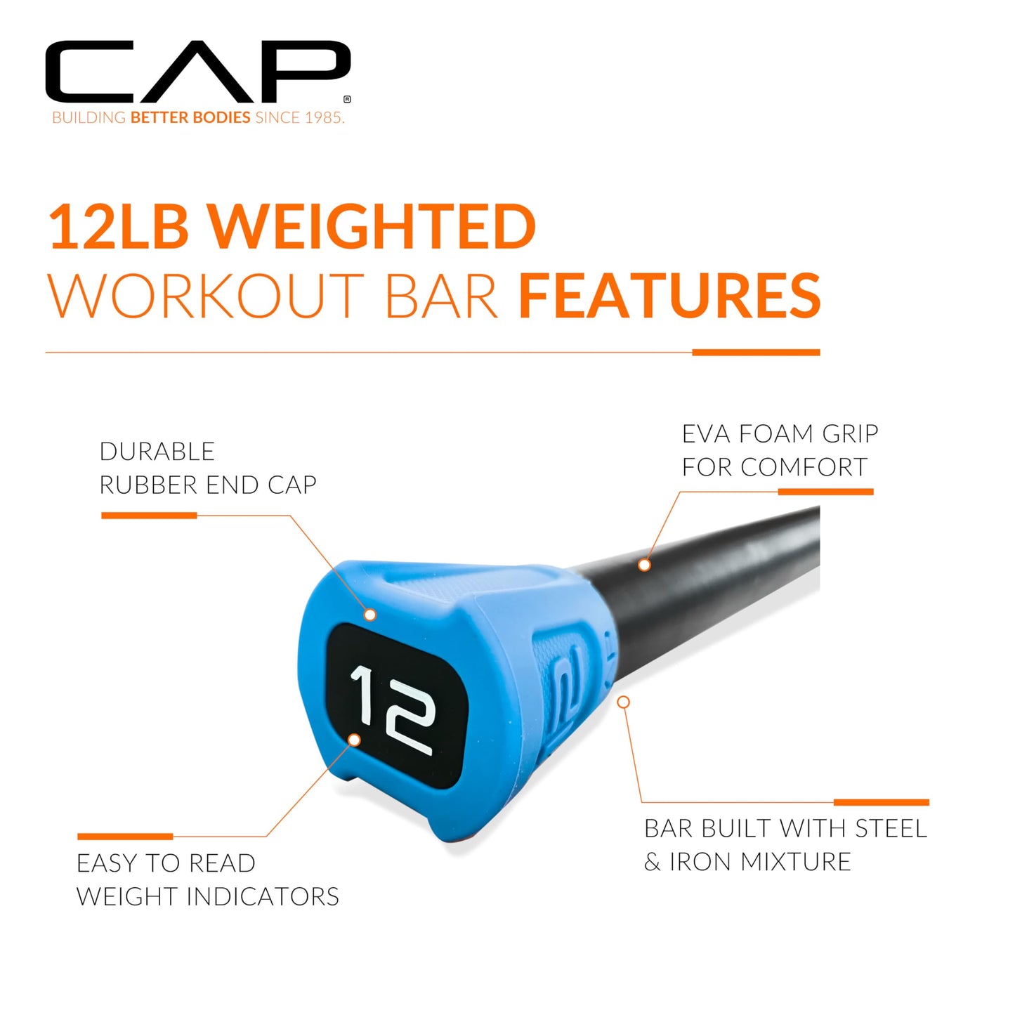 CAP Barbell 12 lb Total Body Workout Weighted Bar - Blue | Exercise Bar for Strength Training, Yoga, Pilates, Resistance Training, and Home Gym Workouts