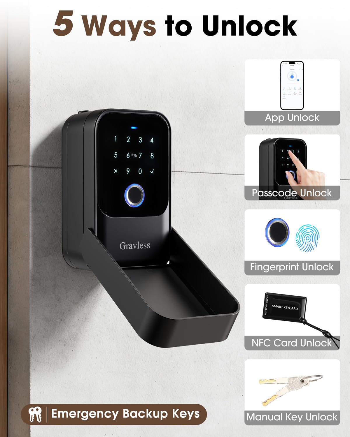 Gravless Smart Key Lock Box with Fingerprint, Lock Box for Keys with Code for outside, Combination Lockbox, Key Box Wall Mount, 5 Ways to Unlock IP65 Waterproof