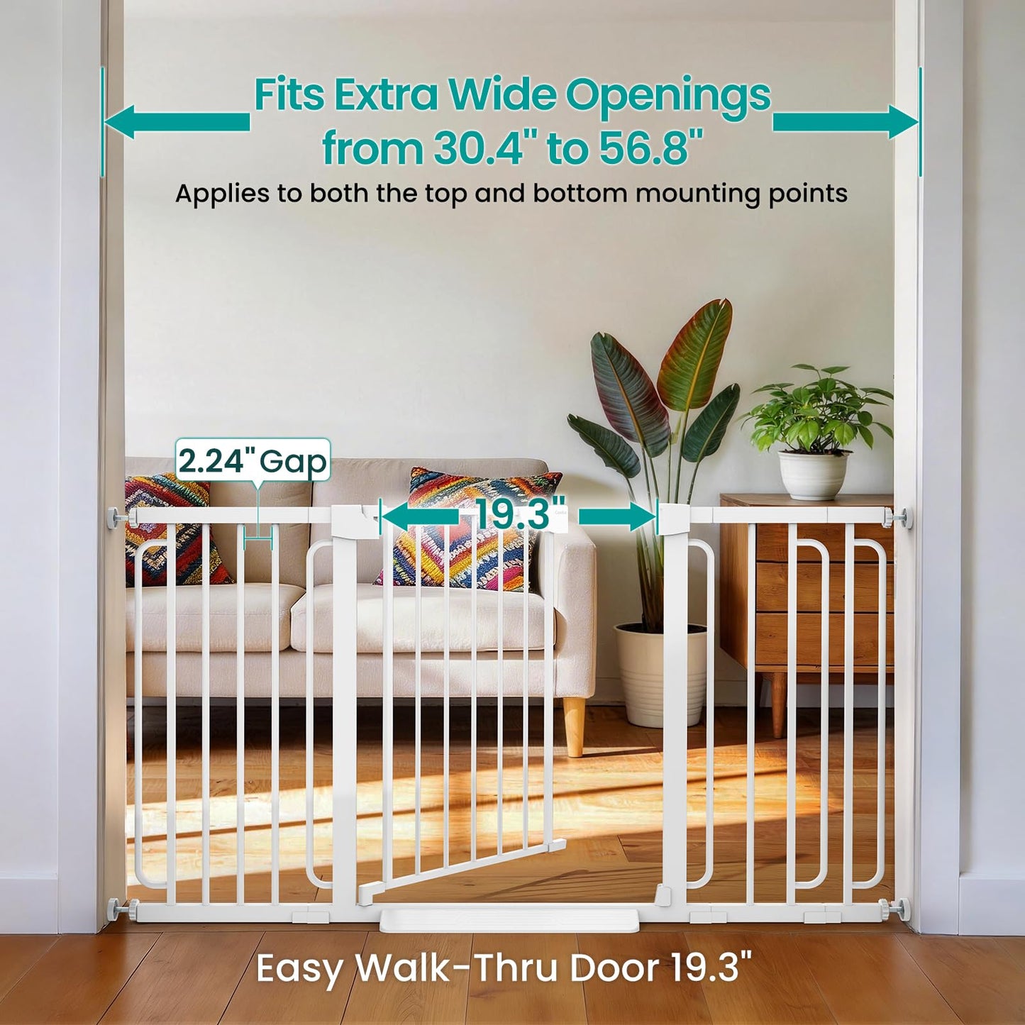 Cumbor 30.4-56.8" Extra Wide Baby Gate for Stairs, Dual Lock & Self-Closing Dog Gate Indoor, Easy Install Pet Gate for Doorways & Wide Openings, Easy Walk Thru Safety Proofing for Babies & Pets, White