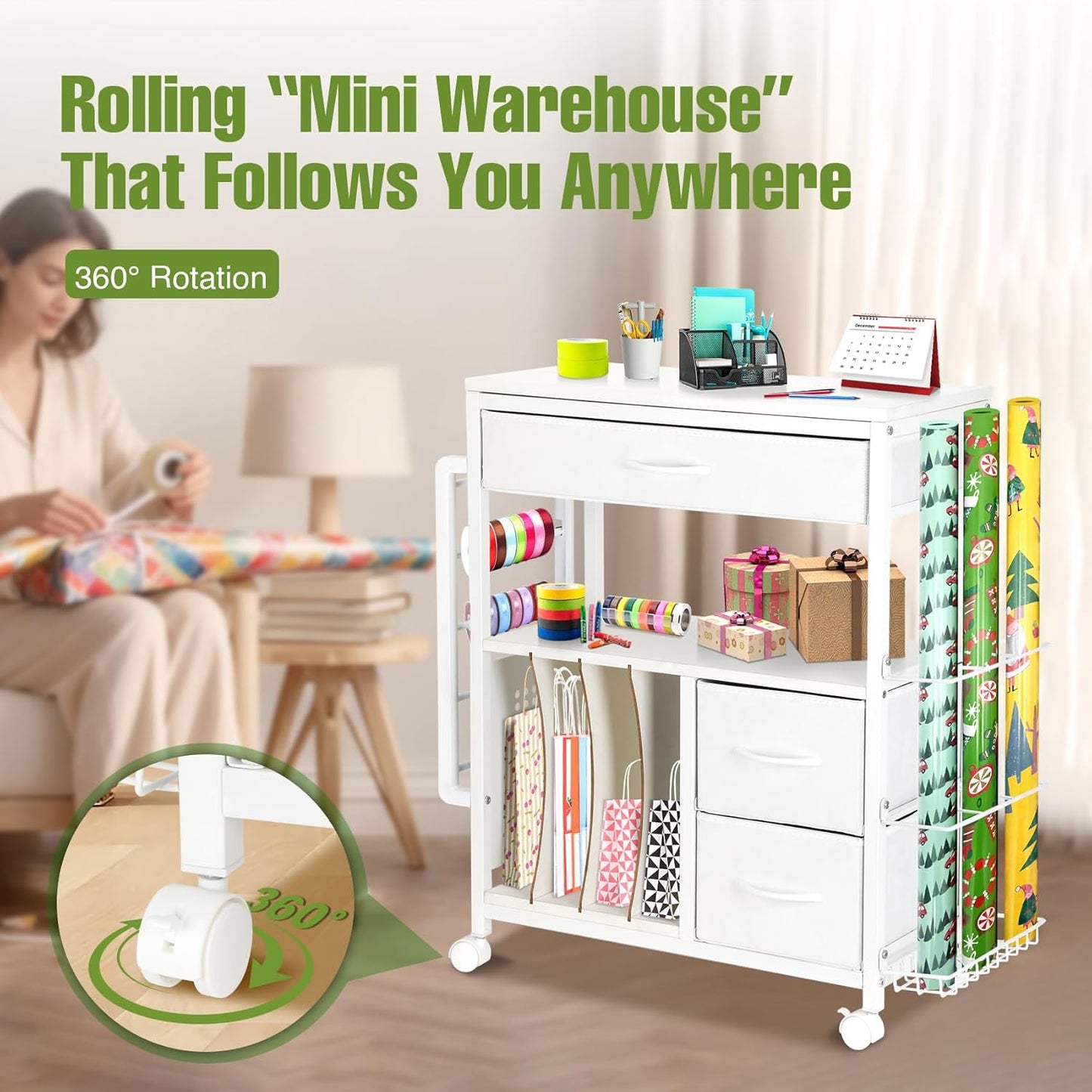 Vikua Gift Wrapping Cart - 3-Tier Portable Station with Ribbon & Bag Storage | Perfect for Christmas