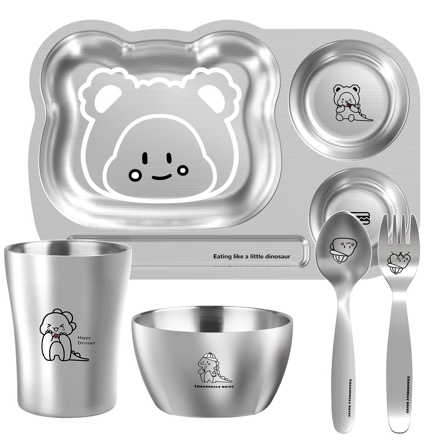 Greentainer Stainless Steel Kids Dinnerware Set, Unbreakable 304 Steel Toddler Plate with 3 Compartments, Baby Led Weaning Bowl, Cup, Fork & Spoon, Dishwasher Safe, BPA Free, Drop Proof for Boy & Girl