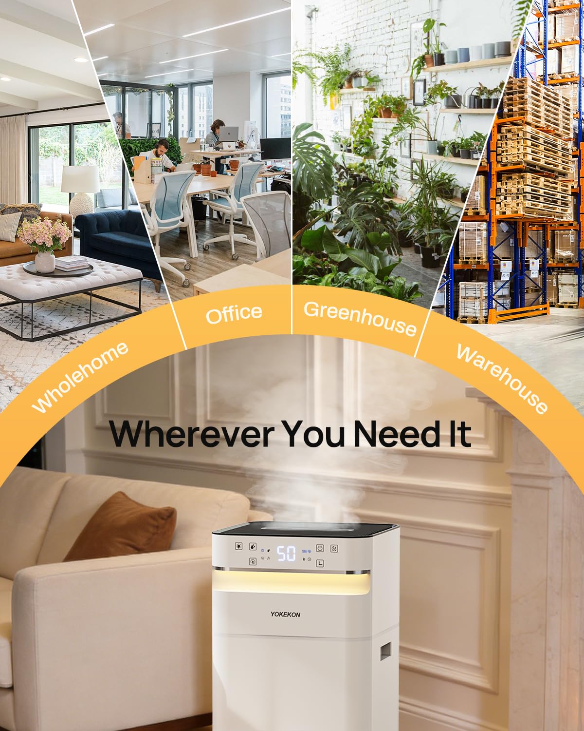 YOKEKON Humidifier Large Room 5.8Gal/22L, 2500 sq.ft. Cool Mist Humidifiers for Home Bedroom with Flame & Night Light, Top Fill Whole House Humidifier with Extension Tube, Plants, Kids, Adults, White