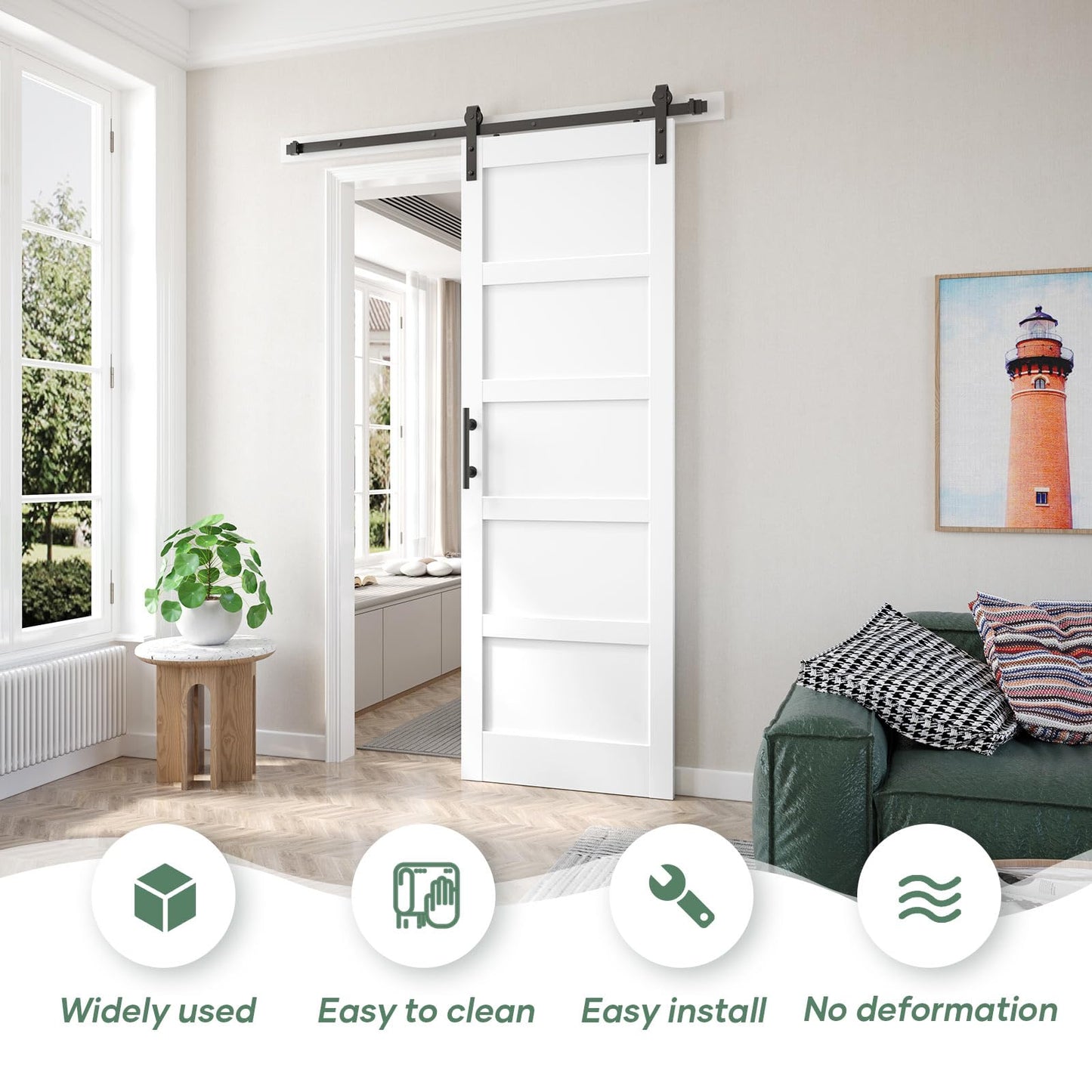Fredbeck 30x96 inch White Barn Door with 5.5FT Sliding Door Hardware Kit Included & Handle,Solid,MDF, PVC Surface,DIY Assembly,5-Panel