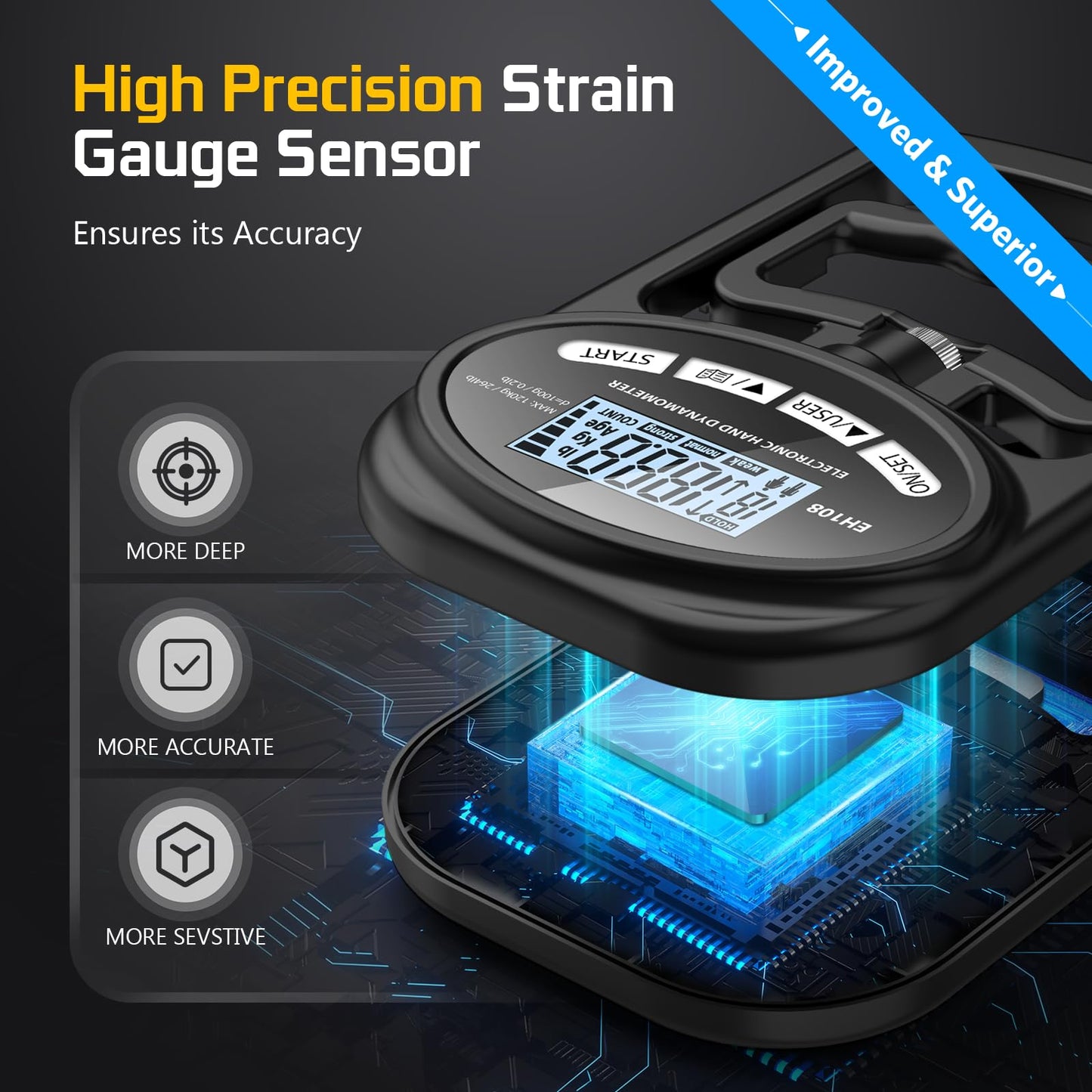 Hand Grip Strength Tester Trainer - Electronic Hand Dynamometer Forearm Grip Strengthener Exerciser Digital Training Gauge 265 Lbs 120 Kgs for Sport Home School Use