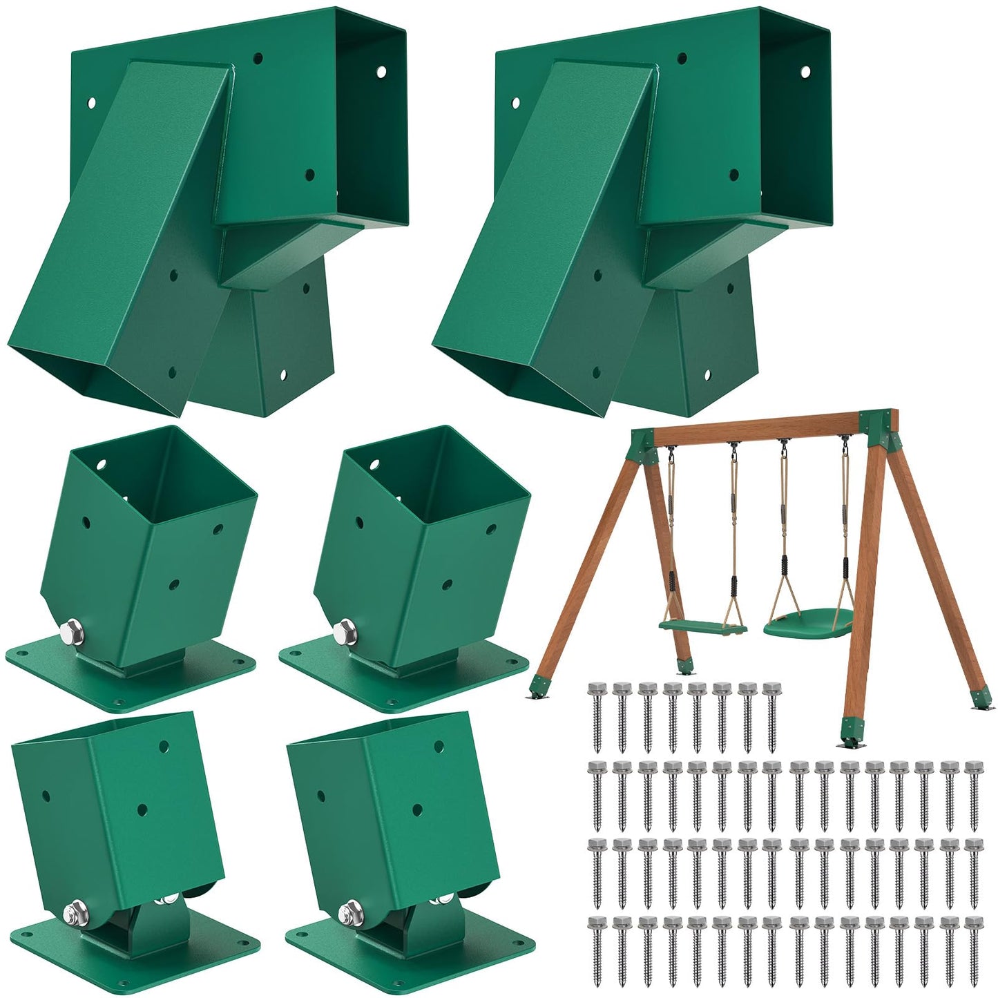 BeneLabel A-Frame Swing Set Brackets with 4pcs Swing Leveling Base Brackets Heavy Duty Swingset Hardware Kit DIY Swingset End Bracket for 4 (4x4) Legs & 1 (4x6) Beam Green