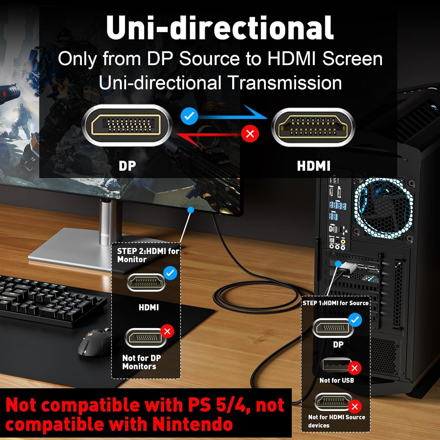 4K 6Ft, 1.2 1.4 4K@30Hz, 2K@60Hz, UANTIN DisplayPort to HDMI Cable Uni-Directional Only, DP (Source) to HDMI (Display)
