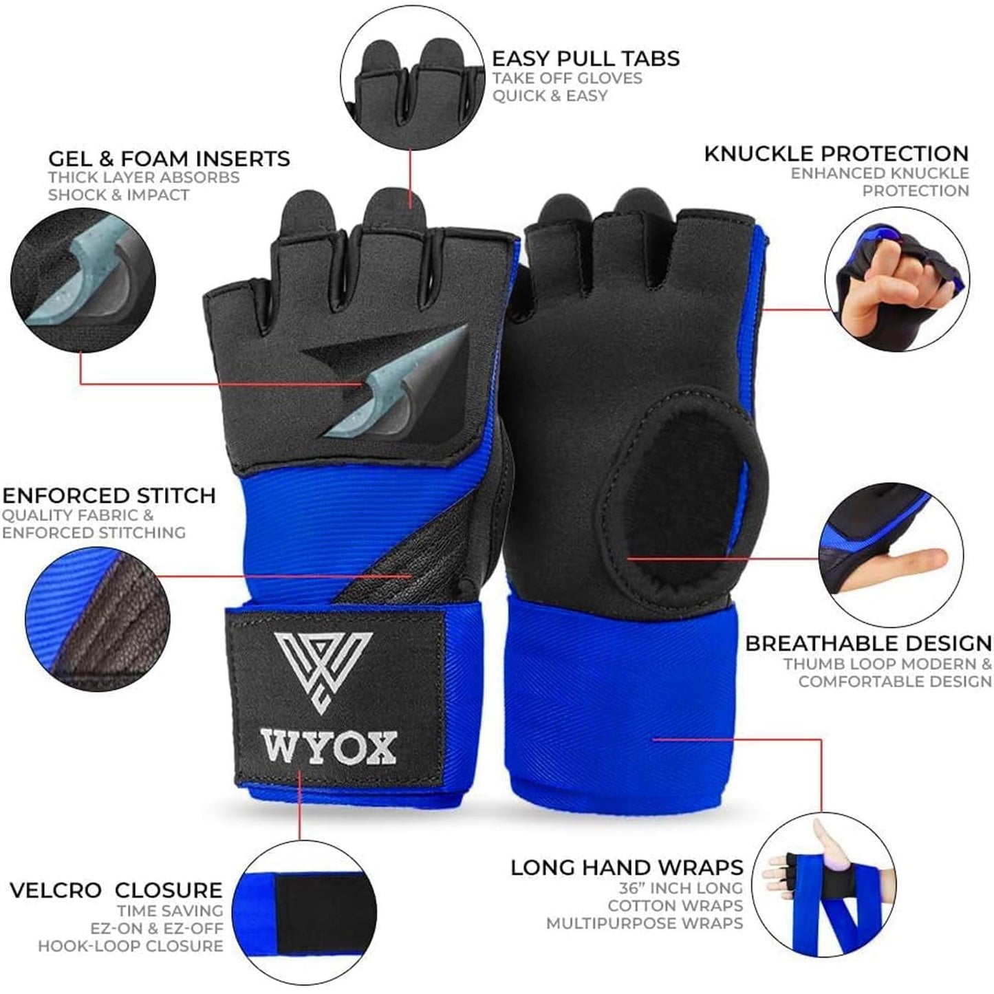 WYOX Gel Boxing Hand Wraps Inner Gloves for Men & Women, 80cm Quick Wrist Straps, Padded Knuckle Protection for Muay Thai Kickboxing, Hand Wraps for Boxing & Martial Arts (Blue, XS)