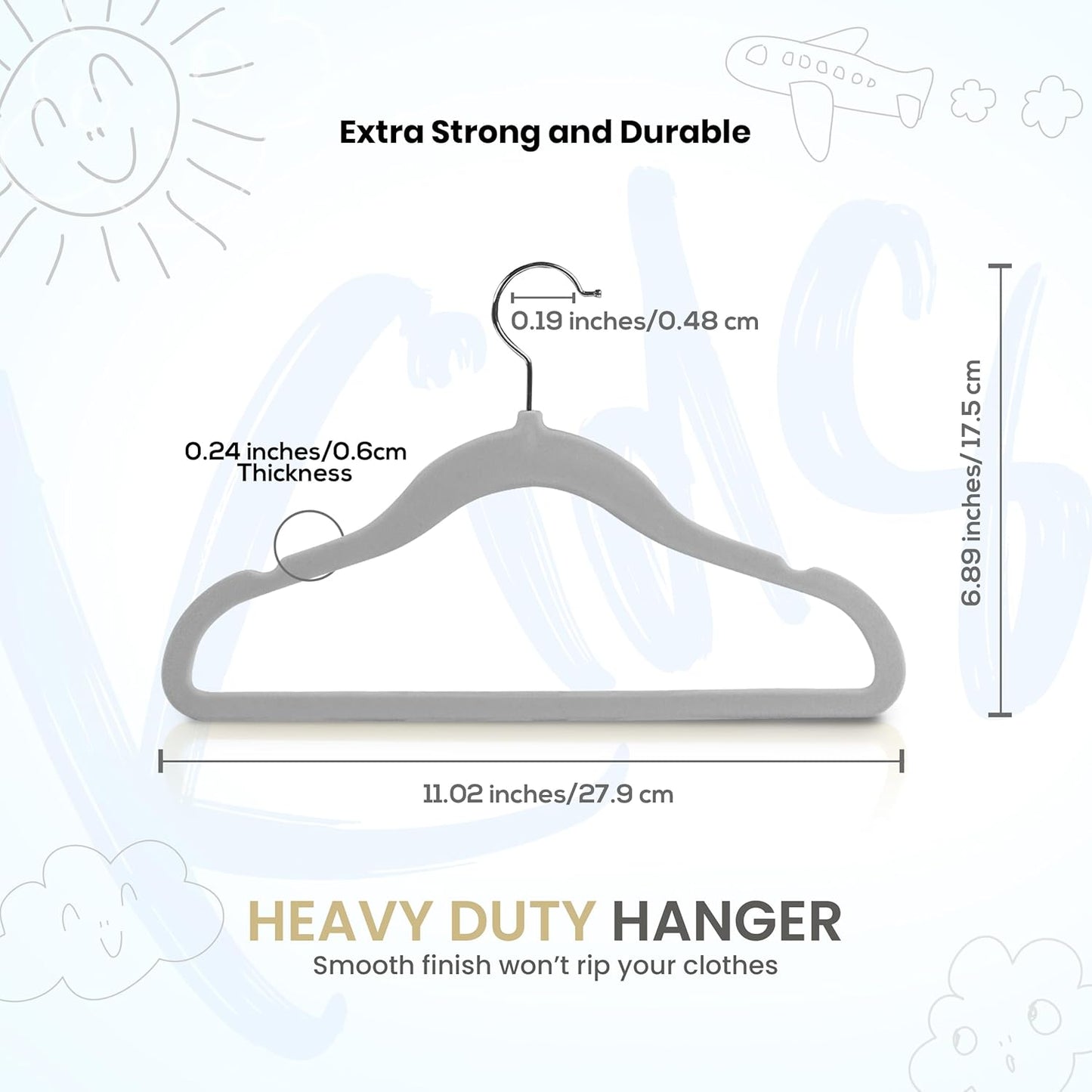 Utopia Home Velvet Hangers - 50 Pack Non-Slip 11 Inch Baby & Toddler Closet Organizers | Durable Grey