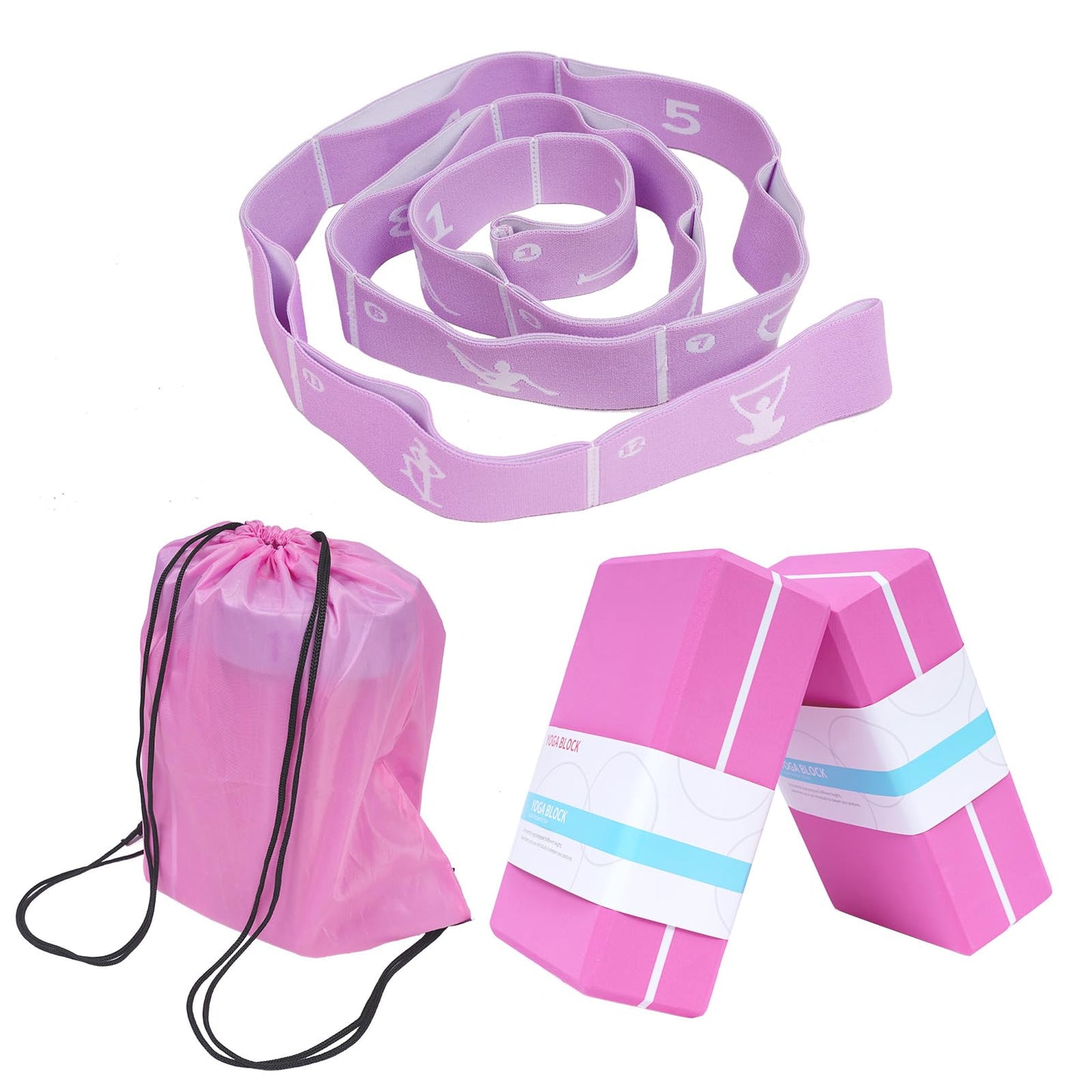 Yoga Blocks Set of 2 with 12 Loop Stretch Band and Carry Bag, Heavier High Density EVA Foam Yoga Blocks for Yoga, Pilates, Stretching, Flexibility Training, Ballet Warm Up, Dance and Home Workouts Set