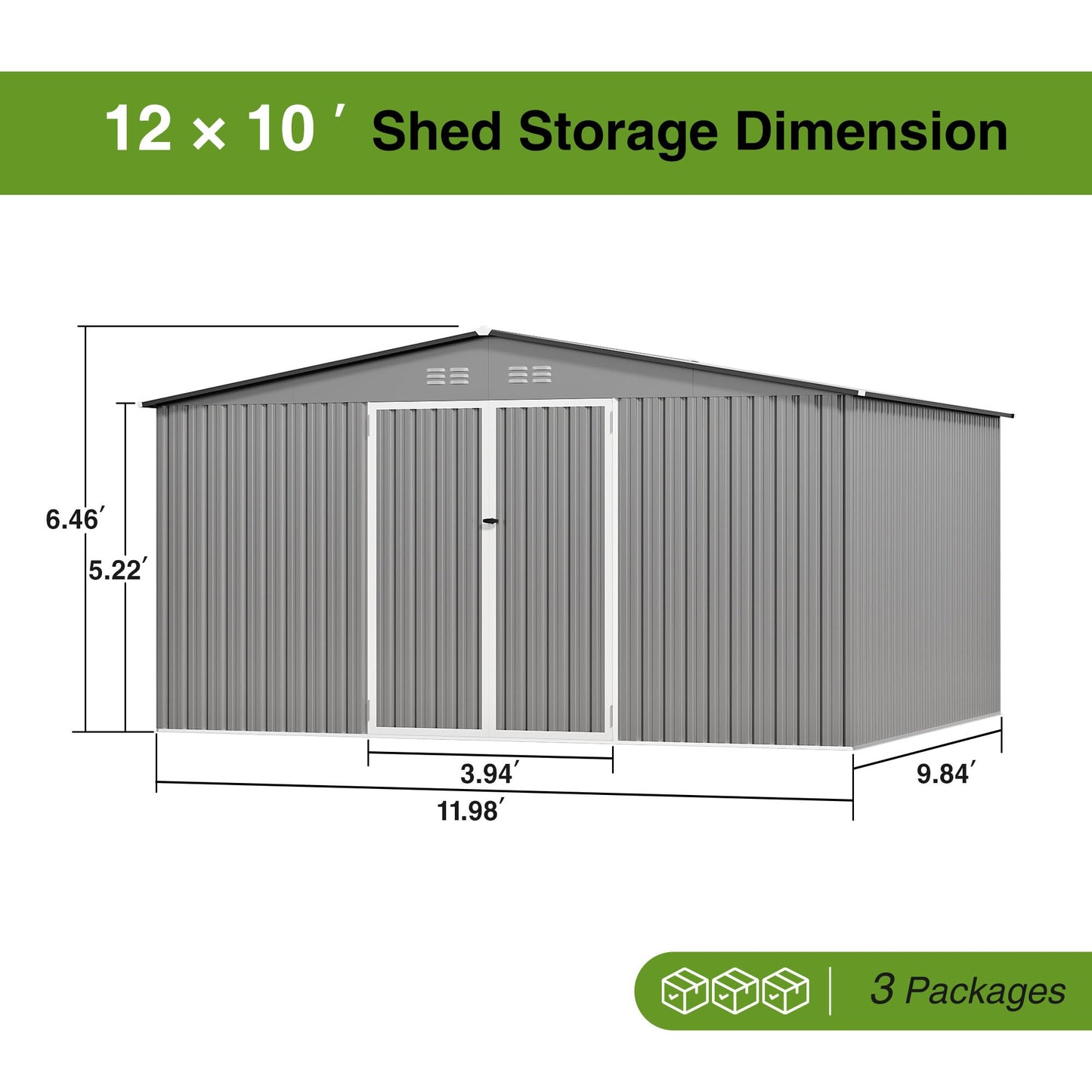 12 x 10FT Sheds & Outdoor Storage, Grey Metal Waterproof Storage Shed with Door and Lock Outdoor Shed,All-Weather Shelter for Bike, Gardening Tools, Lawn Mowers