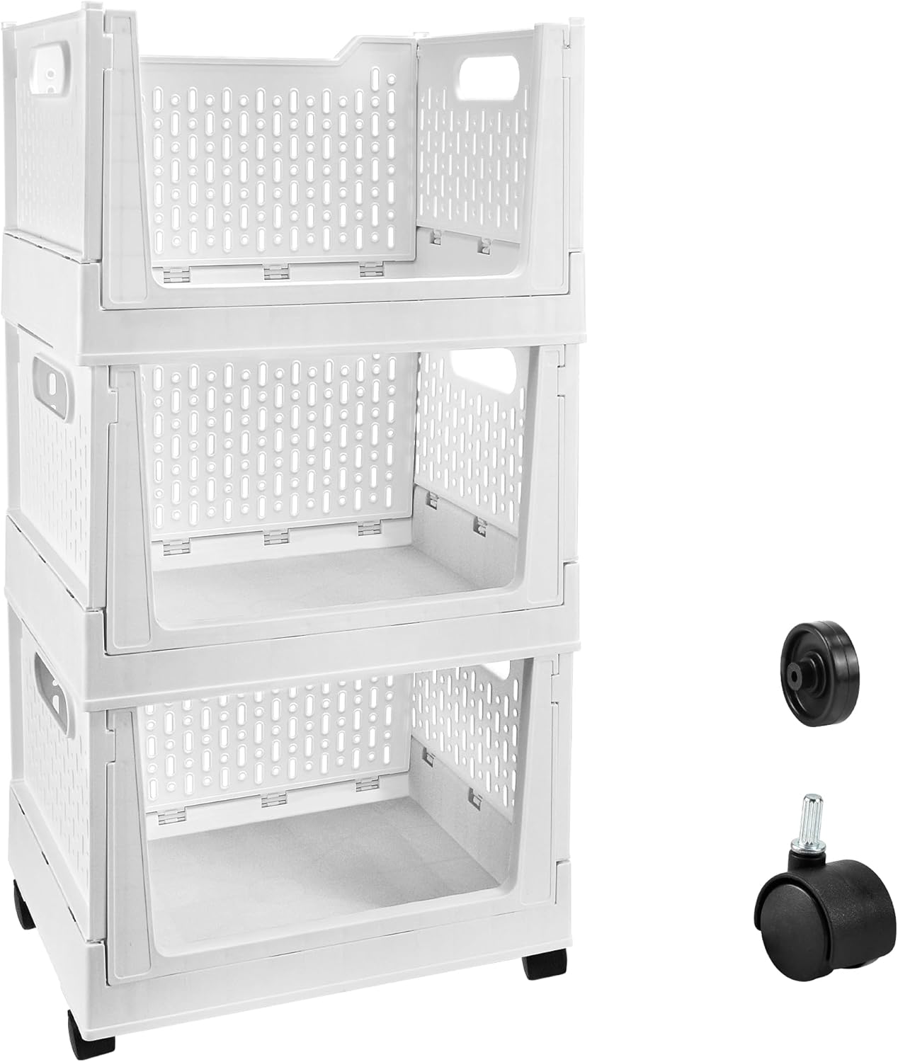 Stackable Plastic Storage Baskets by [Brand Name] - 3 Pack Foldable Organizers with Wheels | Versatile Storage for Home & Office