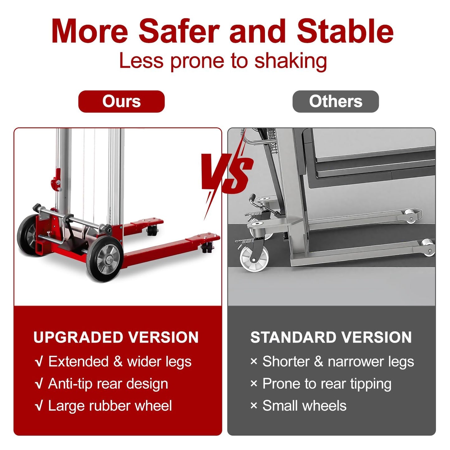 ELOMBR 122" 400lbs Material Lift Winch Stacker with Upgrade Effortless Winch, Hand Winch Lift Truck with Fixed-Leg, Manual Material Lifter Pallet Stacker for Contractor, Workshop, Industrial, Red