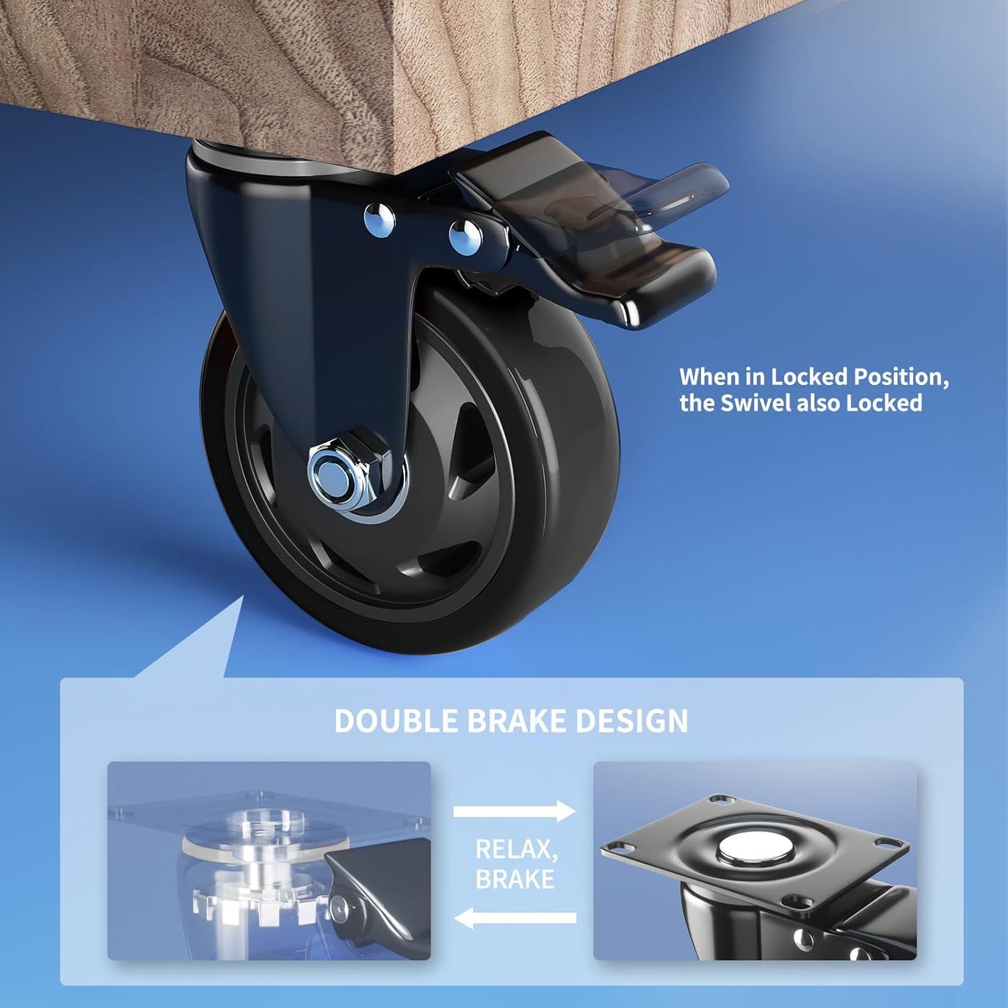 4 Inch Caster Wheels with Brake, Heavy Duty Casters Set of 4, Swivel Top Plate Casters with Double Ball Bearings, Industrial Locking Castor Wheels For Furniture, Workbench, Cabinet(Free Hardware Kits)