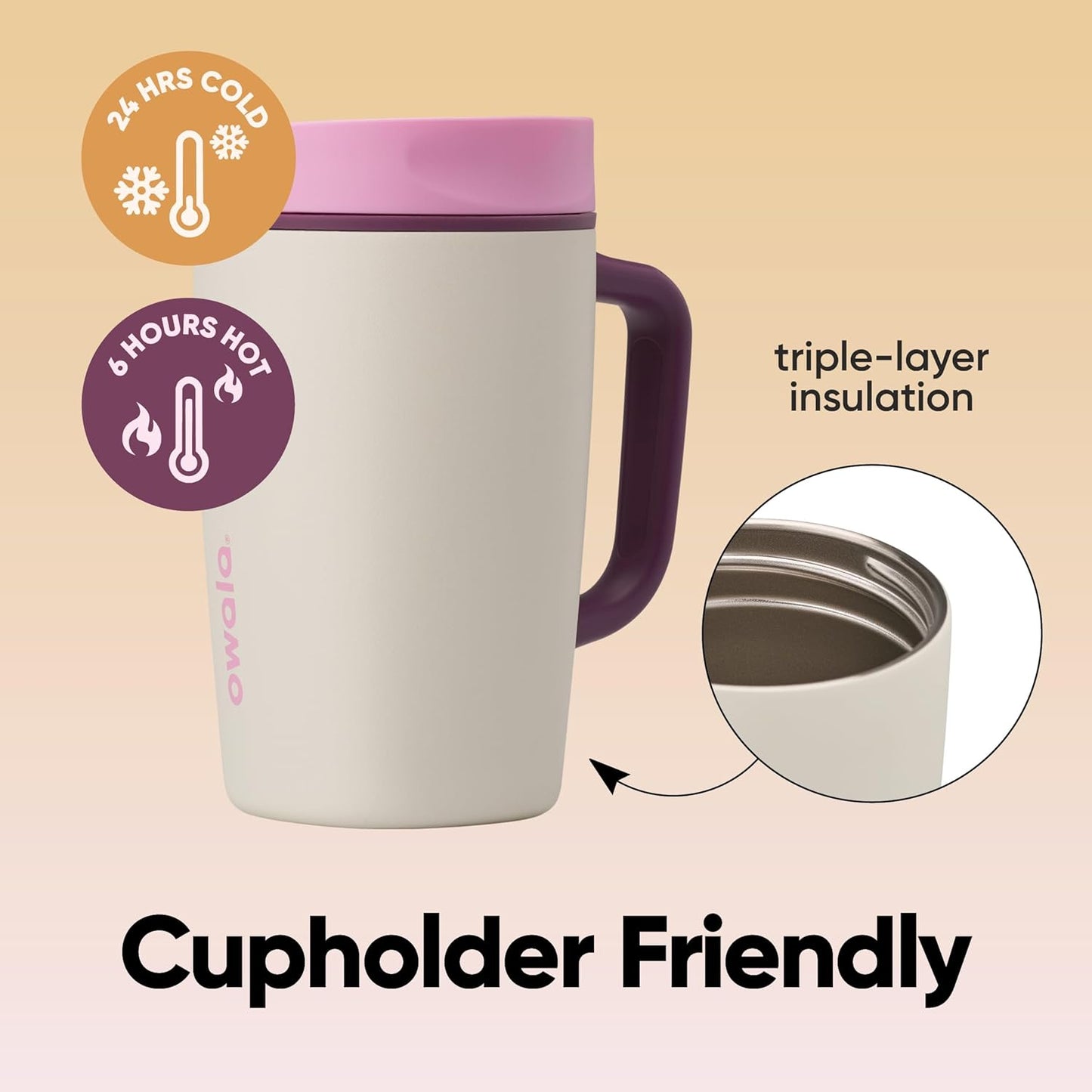Owala SmoothSip Slider Travel Mug - 12oz Stainless Steel Insulated, 100% Leak Proof, Pink/Tan