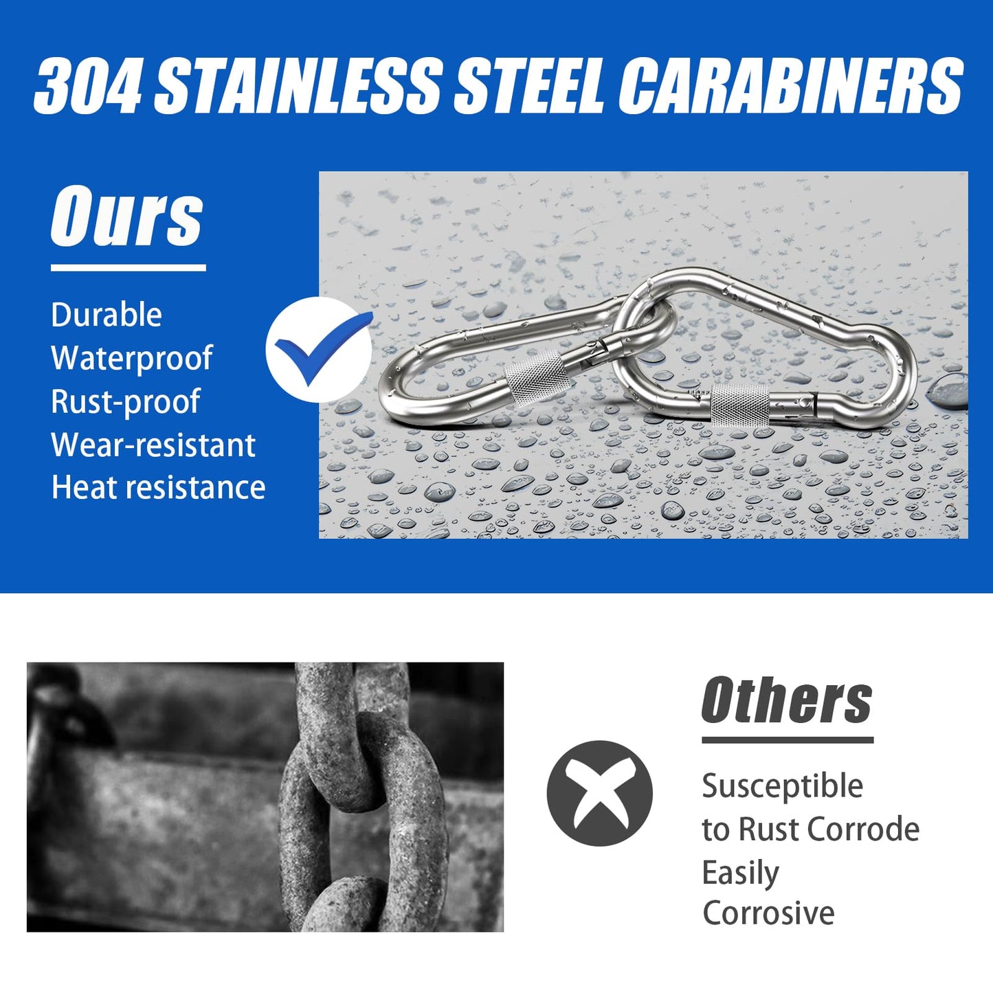 Locking Carabiner, 10 Pack 3.54 inch Heavy Duty Carabiner Clips, 304 Stainless Steel Spring Snap Hook, Screw Carabiners Keychain for Outdoor Camping, Swing, Hammock, Hiking, Quick Link