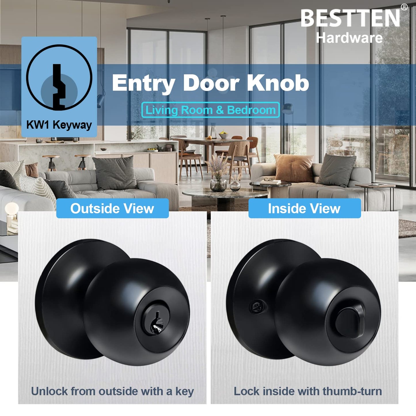 BESTTEN Keyed Entry Door Knob, Heavy Duty Entrance Door Lock, Standard Ball, All Metal, Matte Black