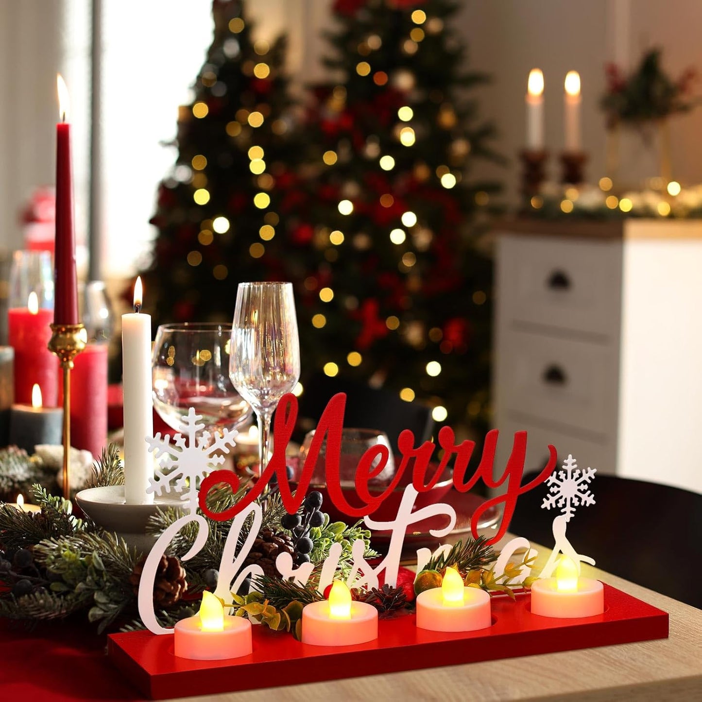 Rossesay Flameless Tea Light Candle Stand - Merry Christmas Table Centerpiece Decoration | Holiday Gift