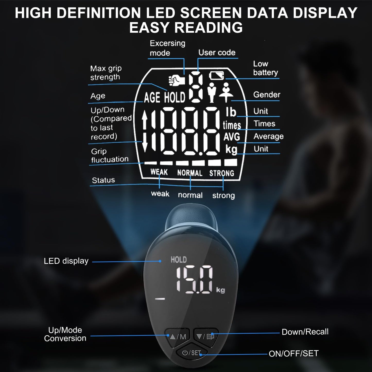 Digital Hand Grip Strength Tester, 198lbs/90kg Electronic Grip Dynamometer with Adjustable Handle & Backlit Display, Comfortable Grip Strength Meter for REHAB, Seniors, Sports & Home Use