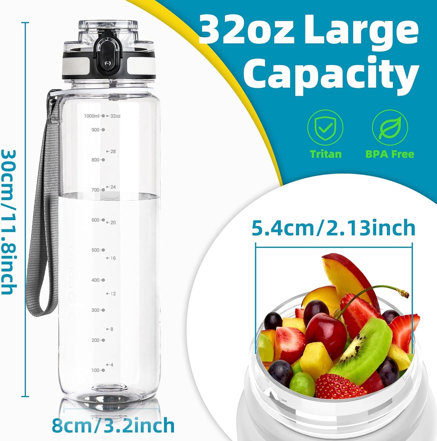 OLDLEY 32 oz Motivational Water Bottle - Leakproof, BPA-Free with Time Marker & Strap | Ideal for Gym, School, Travel