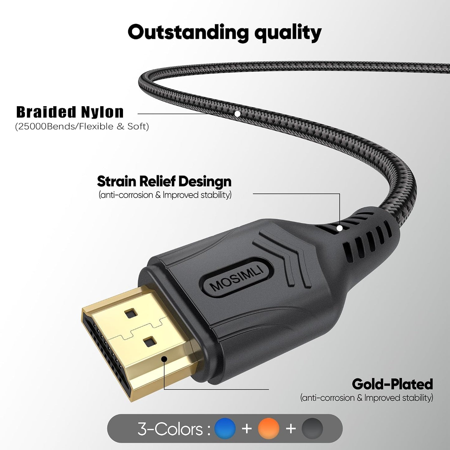 4K 6FT 3-Pack(Tri-Color), 18Gbps 2.0 4K@60Hz 2K@240Hz, HDR10, Dolby, 2.2 PS5, HDMI Cable High Speed HDMI Cable