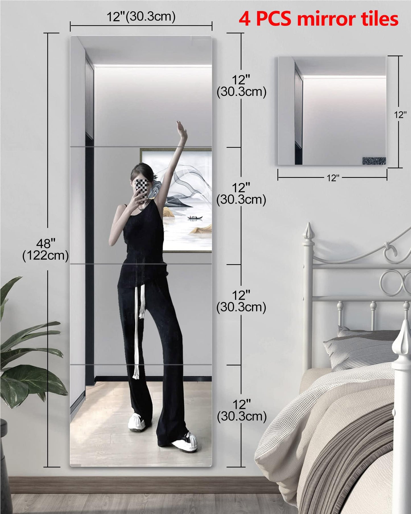 Shatterproof Wall Mirror Full Length for Bedroom, Acrylic Gym Mirrors For Home, Extra Thick: 0.12 inch, 12 x 12 inch x 4 Pcs, Workout Mirrors Safe for Kids, Over The Door, Long Wall Mounted