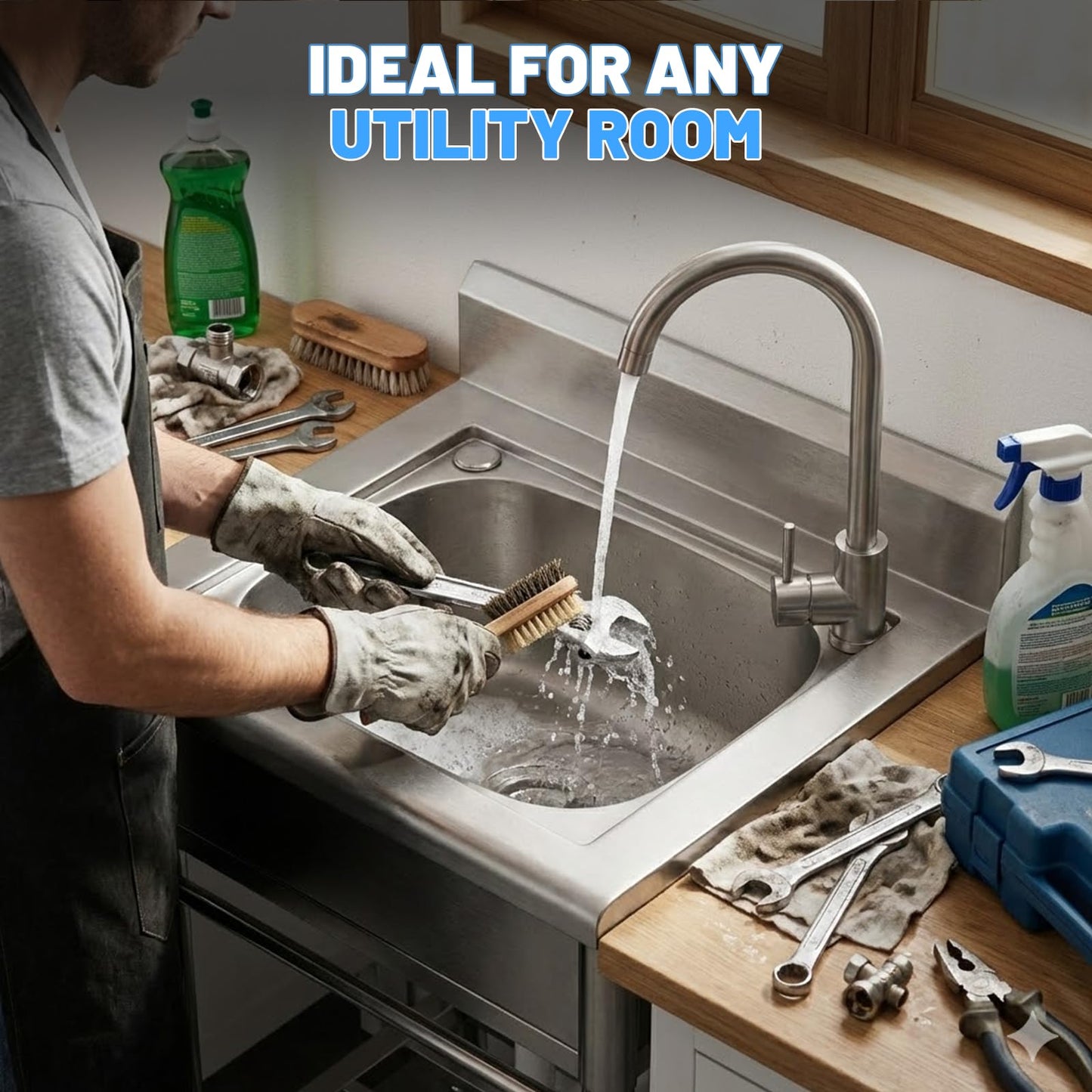 Utility Sink Free Standing Single Bowl Kitchen Sink with Cold and Hot Water Pipe Stainless Steel Sink for Garage Shop Laundry Room Basement Garden Farmhouse Mens Gifts Ourdoor Indoor fregadero