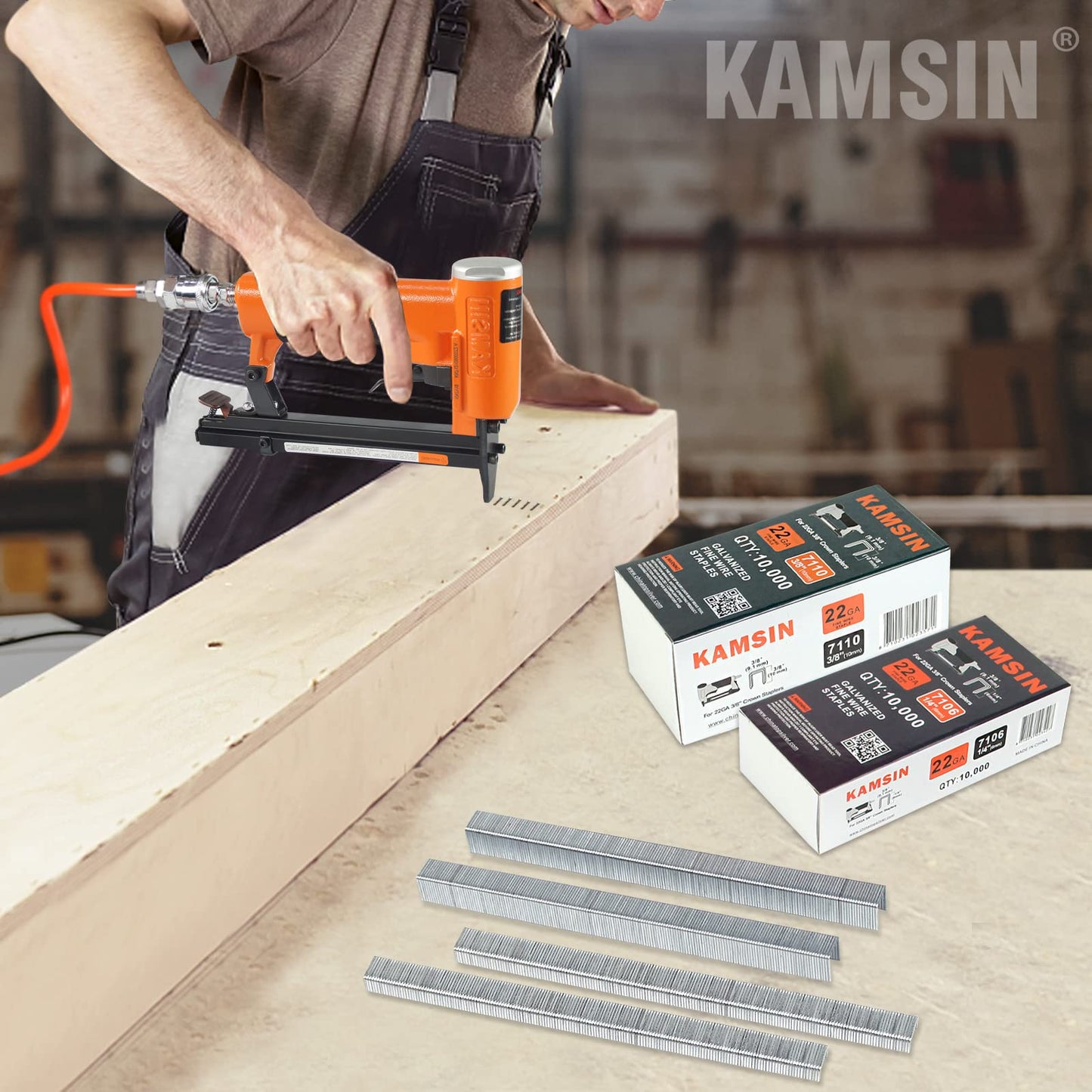 Kamsin KNL7116 22 Gauge Pneumatic Upholstery Stapler Bundle with 10,000pcs 3/8" Crown 3/8" Leg Length KAMSIN 7110 Staples