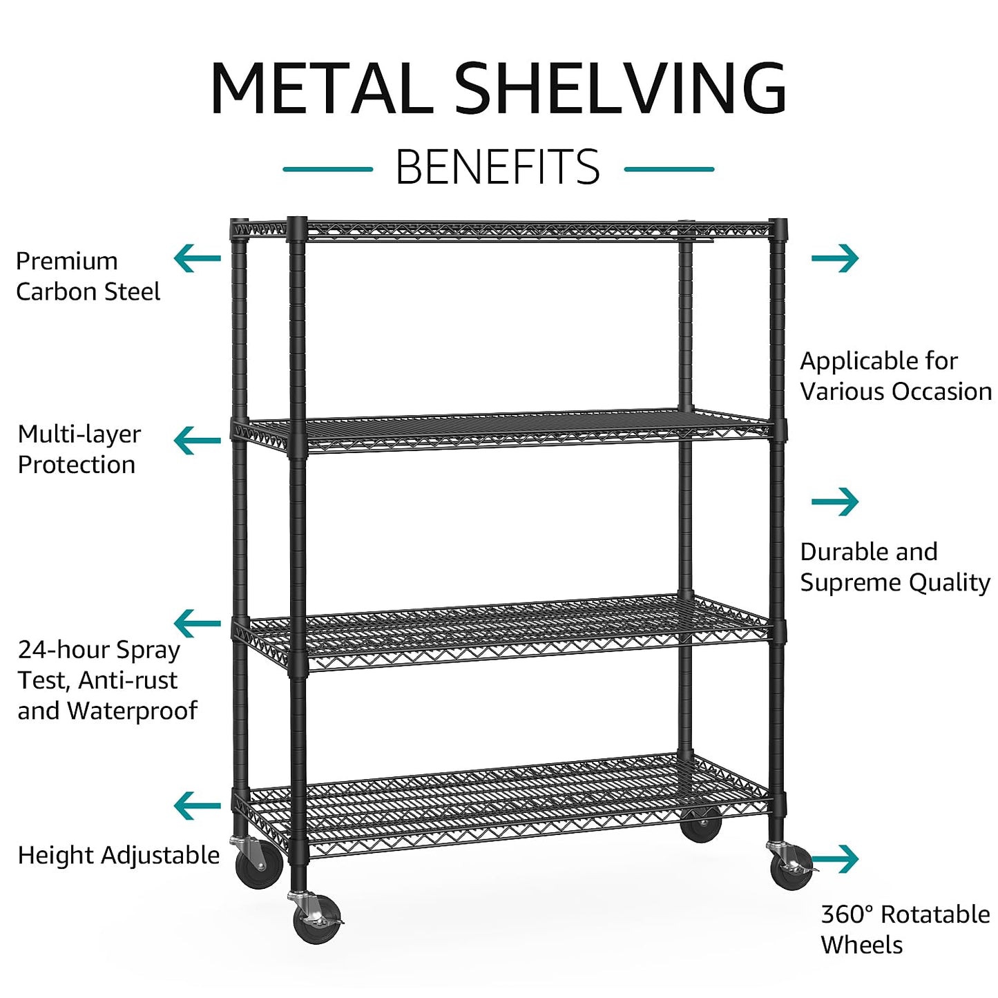 IZEUK Garage Shelving Wide Storage Shelves 4 Tier Metal Shelves 3200 LBS Heavy Duty Adjustable Utility Shelf Rack Black 23.6" D x 53.1" W x 73.6" H