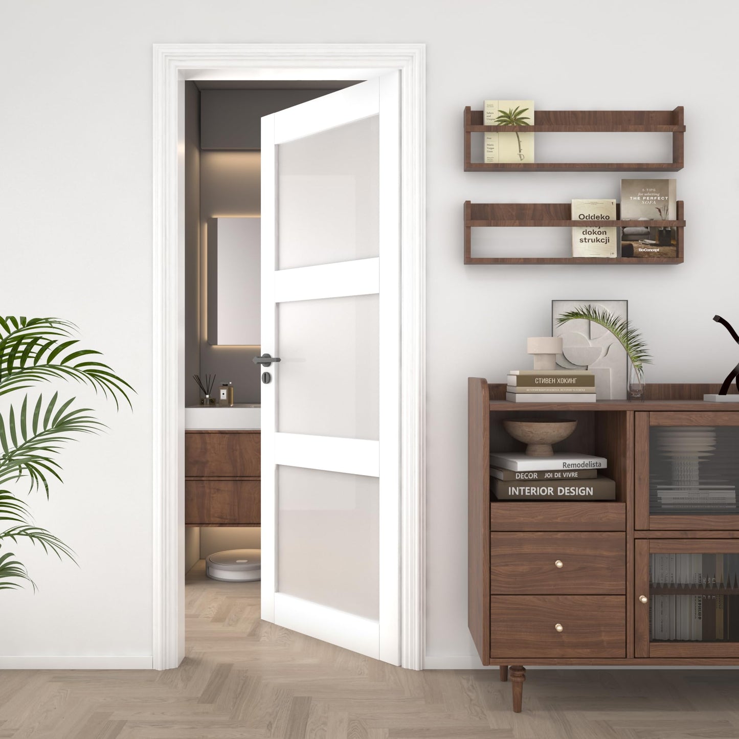 OHTOMO 28"x 80" Interior Door, 3-Lite Frosted Glass Door Slab, Solid Core with MDF Panel, for Bathroom Pantry Laundry Room, White Primed, Without Frame and Hardware Kit
