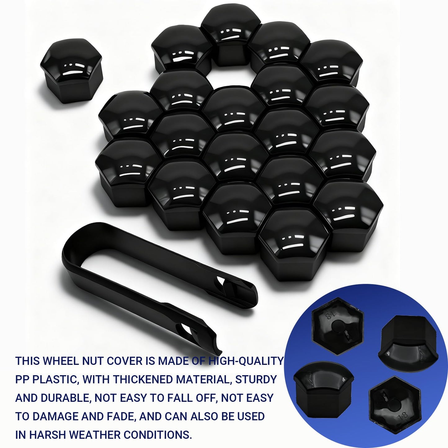 KoiLuvGo 20PCS 21mm Lug Nut Covers, Hexagonal Wheel Bolt Covers Caps, Tire Nut Rust and Dust Protection Cover with Remover Clip, Universal for Most Car Lug Nut Caps, Auto Exterior Accessories (Black)