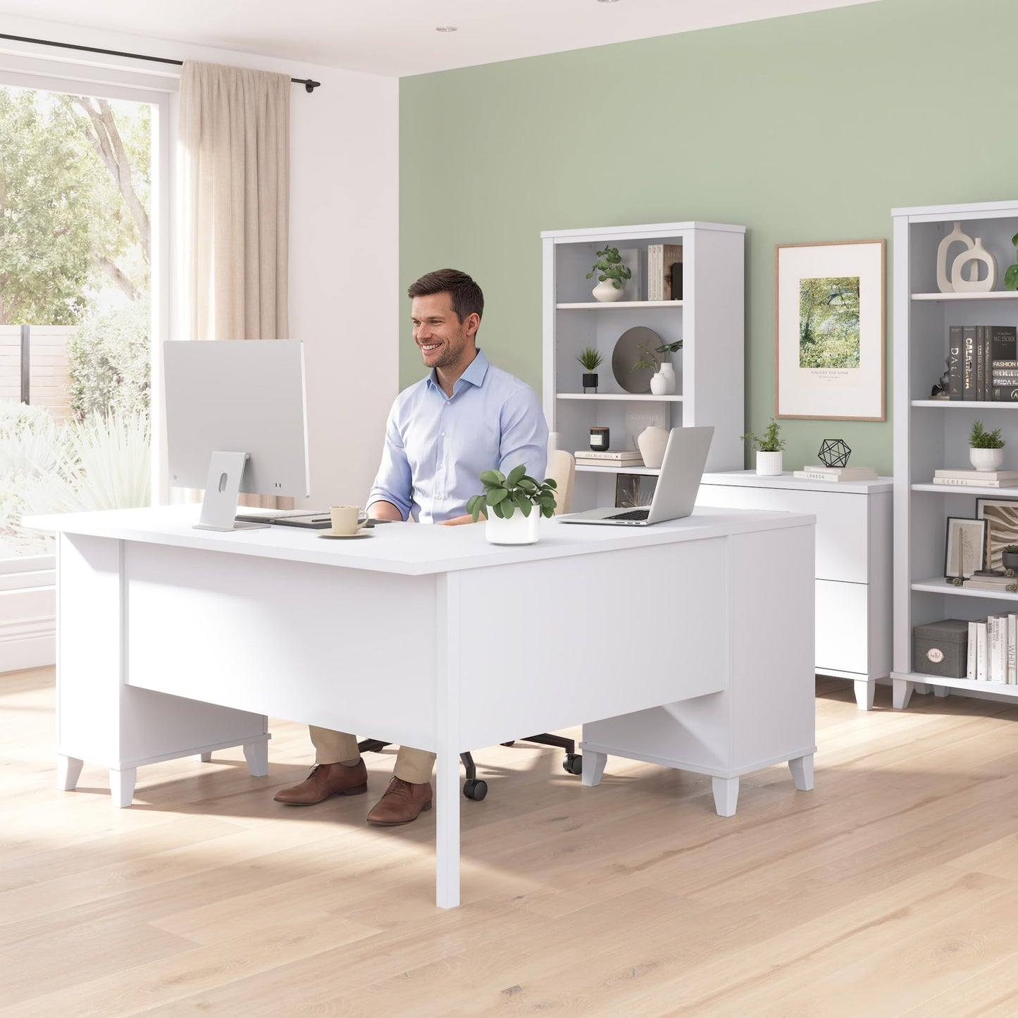 Bush Home 60-Inch L-Shaped Desk with Storage, Corner Computer Office Desk with Drawers and Storage Cabinet, Home Office Furniture, Somerset Collection, White