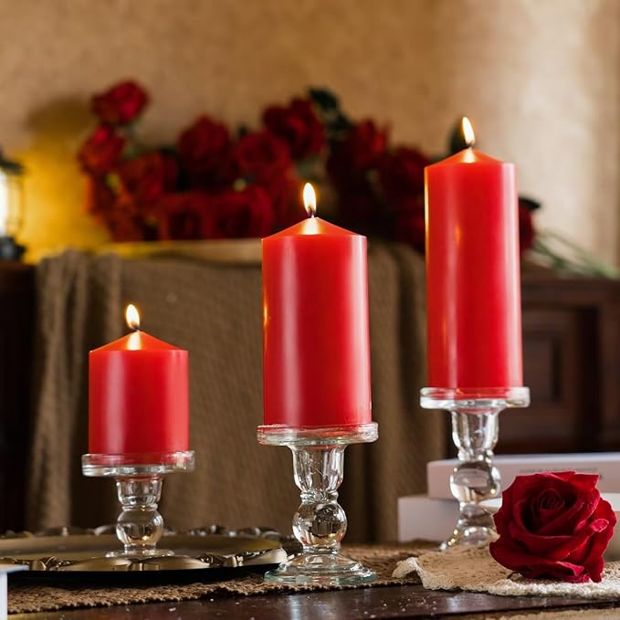 MOZEAL 3" x 6" Hand-Poured Unscented Red Pillar Candles,Dripless Candles Set of 3,Long Lasting Burning,Approx 100 Hours Burn Time for Wedding,Dinner,Christmas and Home Decor