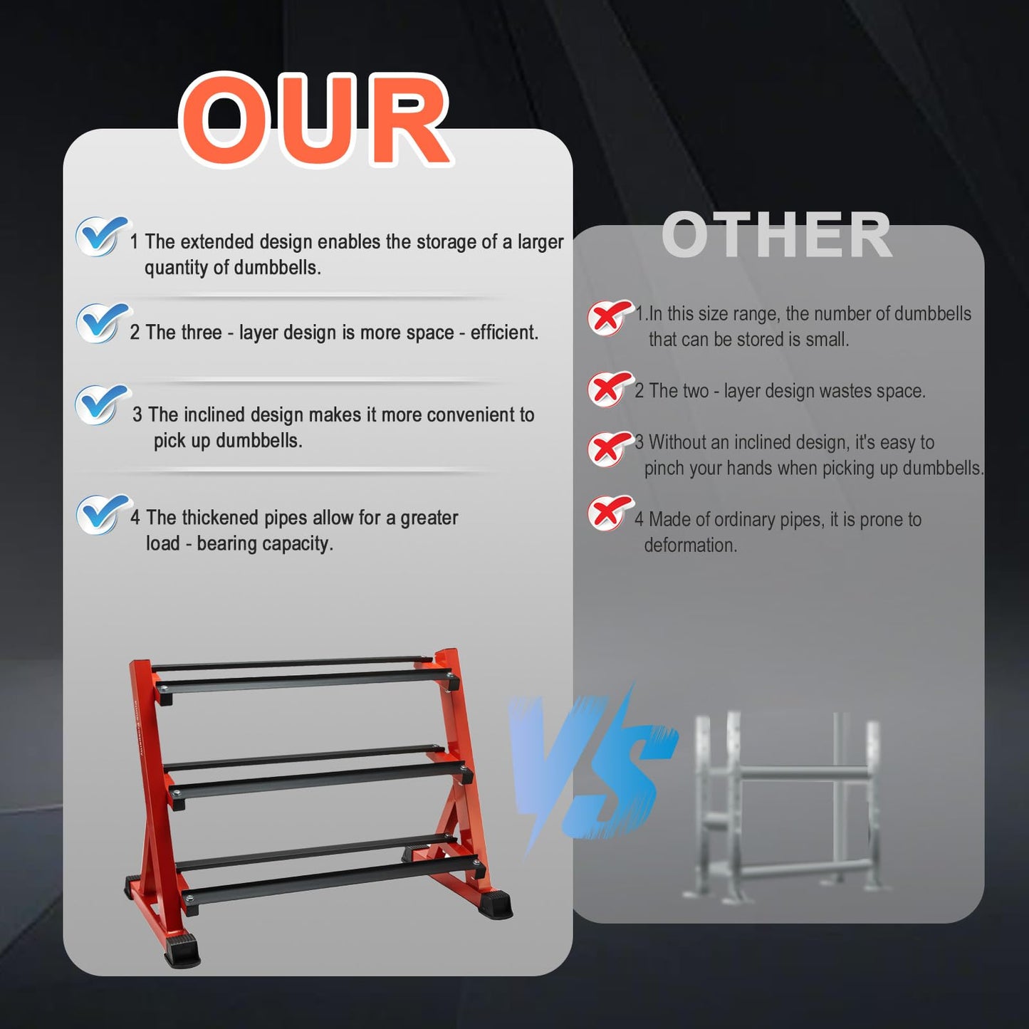 Prime Prosperity Dumbbell Rack 3 Tier Heavy Duty Weight Organizer Dumbbell Storage Stand Holder 1100lbs Capacity Quick Assembly Dumbbell Weight Storage Rack For Home Gym, Red (Rack Only)