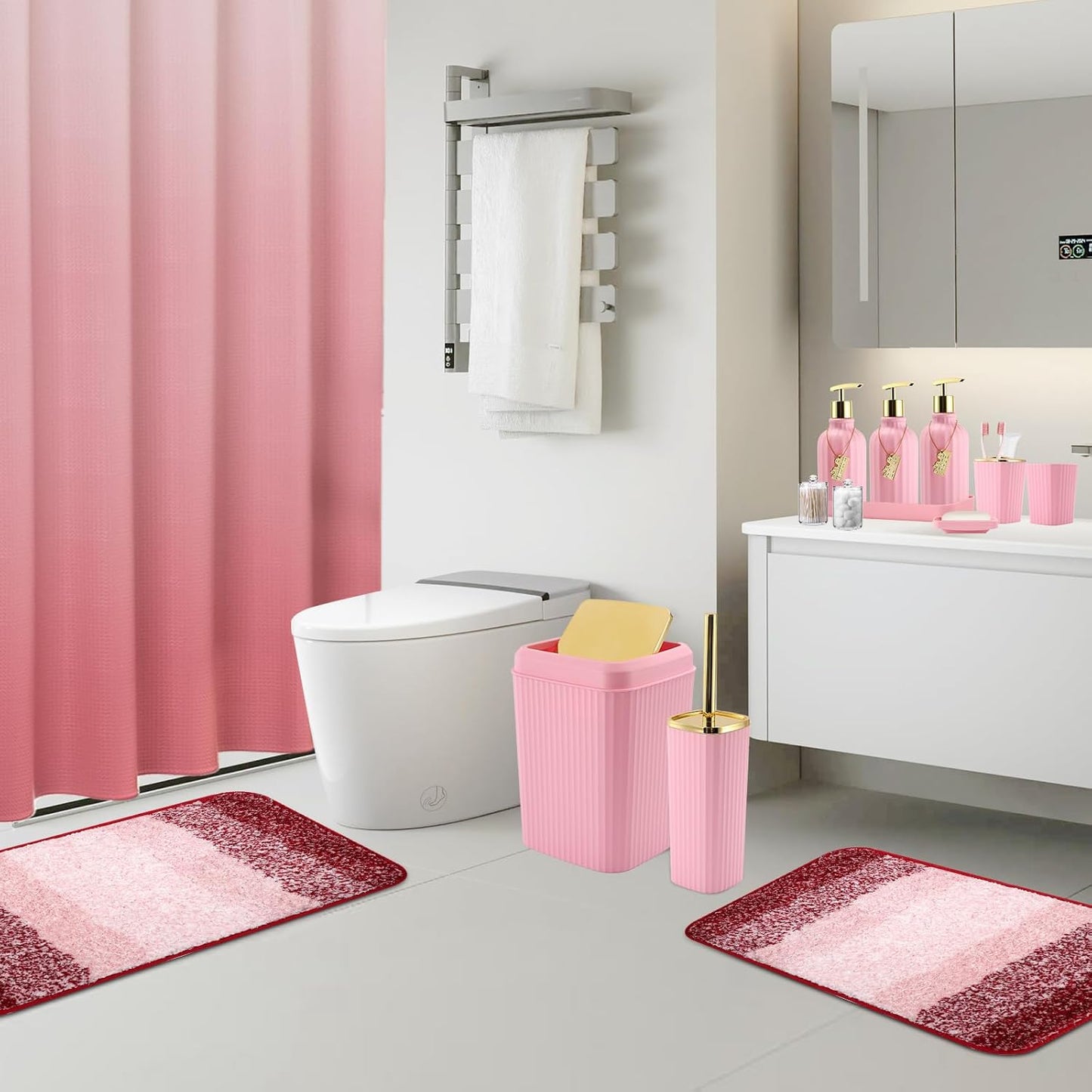 WSBArt 32PCS Bathroom Set - Pink Shower Curtain, Rugs & Trash Can - Complete Bathroom Accessories