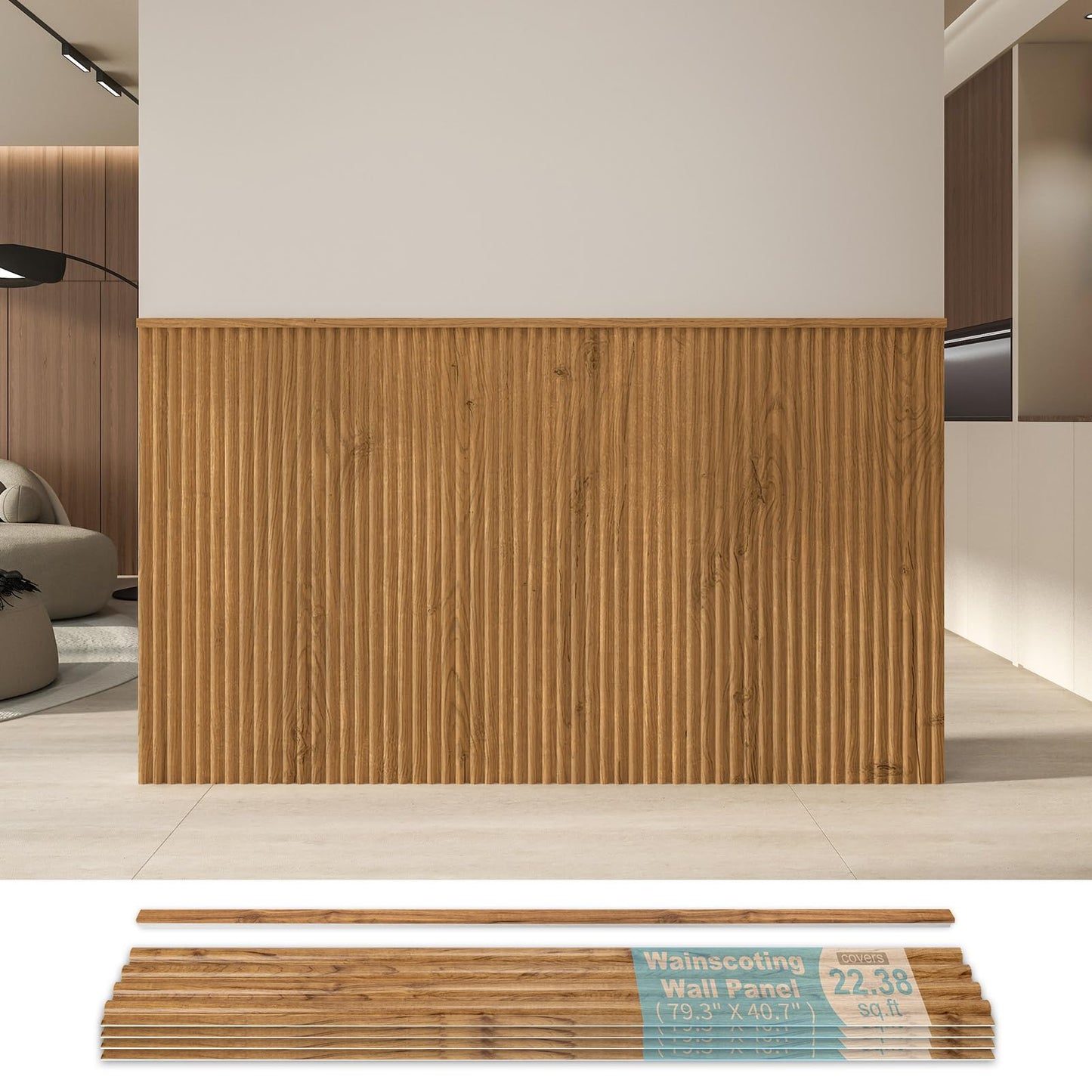 Art3d Wainscoting Panels, Beaded Polystyrene Wall Board for Interior Wall Décor, 79.3“ Wide X 40.7 high, Covers 22.38 sq.ft, Teak