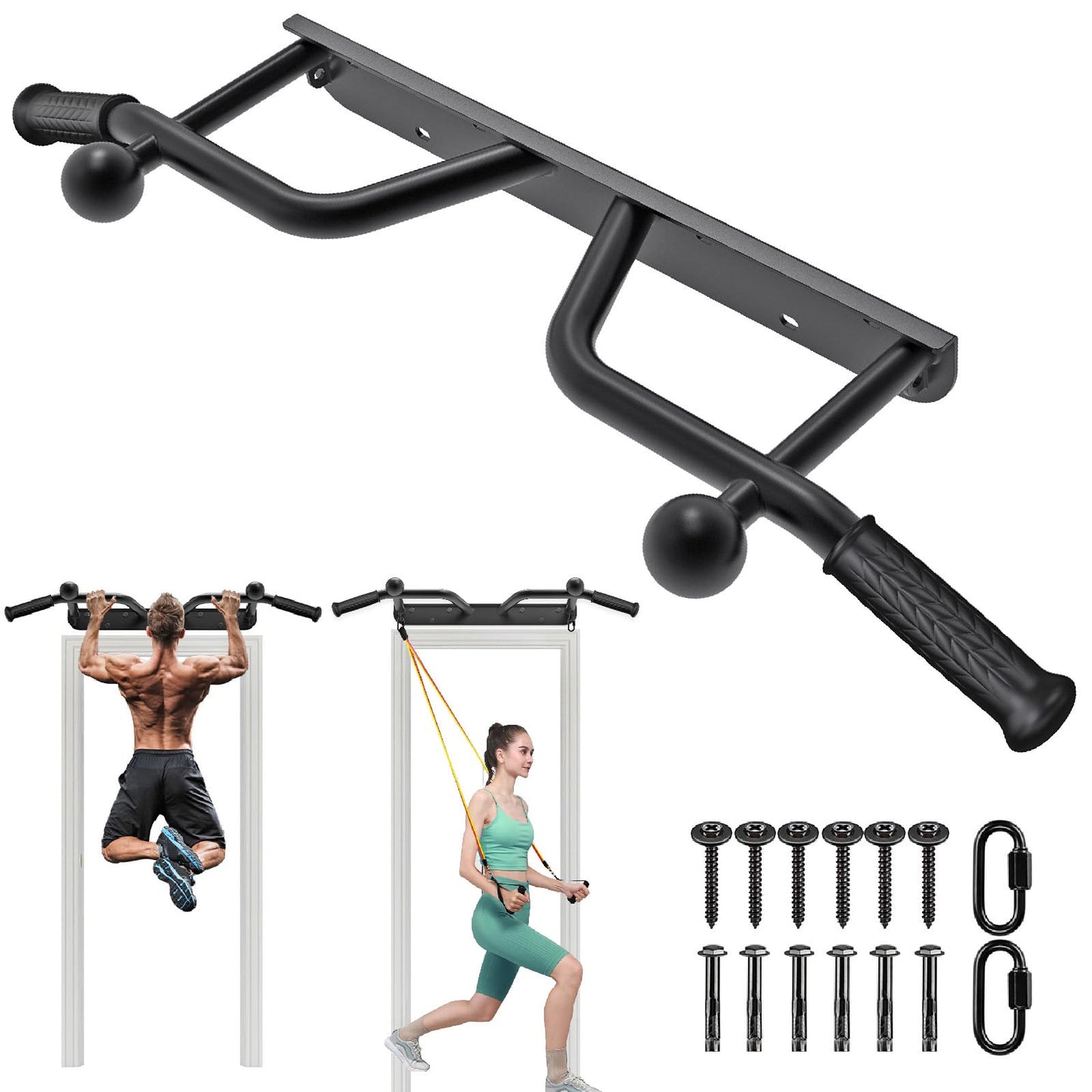 BeneLabel Wall Mounted Pull Up Bar 440 LBS Capacity Multifunctional Doorway Pullup Bar Beam or Joist Mount Chin Up Bar with Resistance Band Hooks and Ball Finger Training