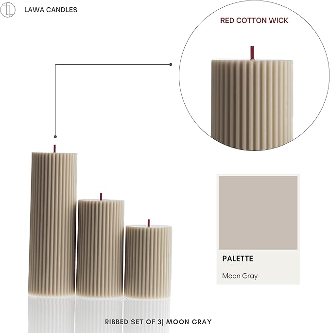 LAWA Roman Handmade Tall Ribbed Pillar Candle - Beautiful Scented Soy Wax Dinner Candle | Classic Aesthetic Decoration Set | Housewarming Gift | Home Room Shelf Decor Idea - Moon Gray (Set of 3)