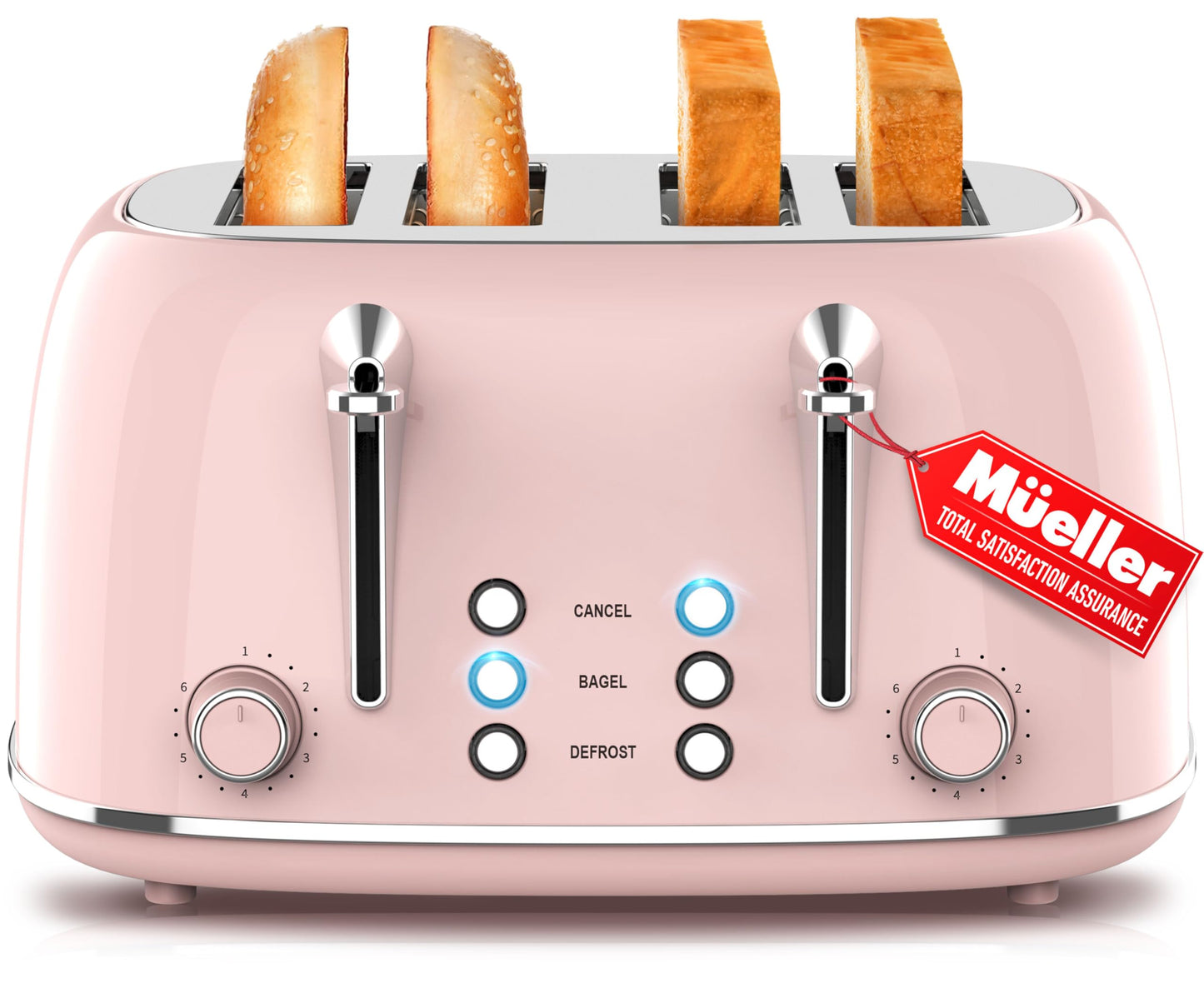 Mueller Retro Toaster 4 Slice with Extra Wide Slots Bagel, Defrost, and Cancel Function, 6 Browning Levels, Dual Independent Controls, Removable Crumb Tray and High Lift Levers, Sage Green