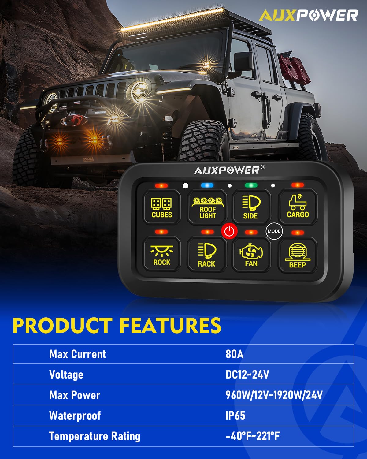 Auxpower RGB 8 Gang Switch Panel with App Control Turn On/Off Momentary Pulsed Multifunction 12V Switch Panel for Truck Circuit Control Relay System Switch Panel Waterproof for Car Boat Truck RV