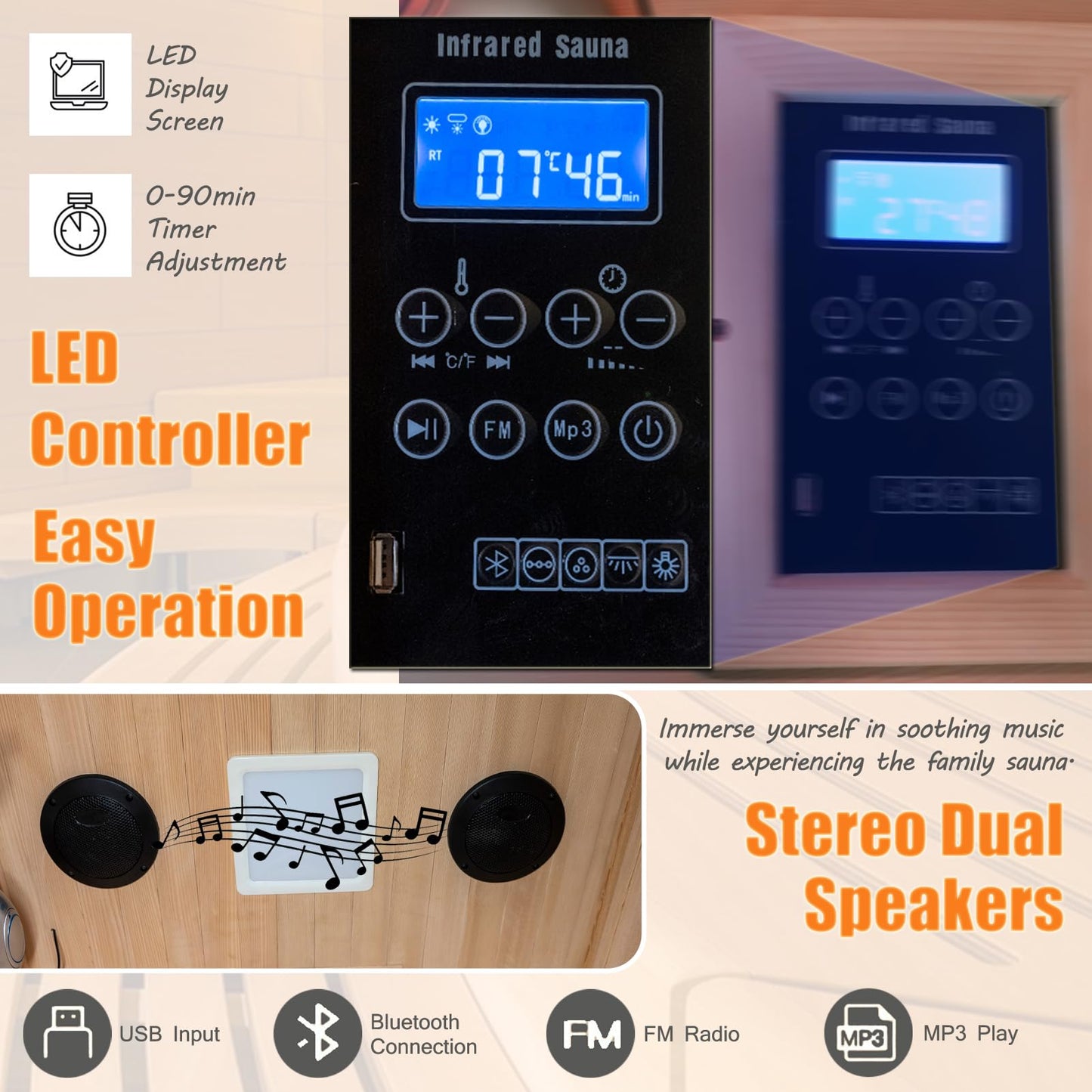 Homsido 2-3 Person Indoor Infrared Sauna, 11 Low EMF Far Infrared Carbon Panel Hemlock Wood Sauna Room Indoor Home Sauna with Tempered Glass Door,Bluetooth Speakers, Chromotherapy Lights(110V, 2100W)