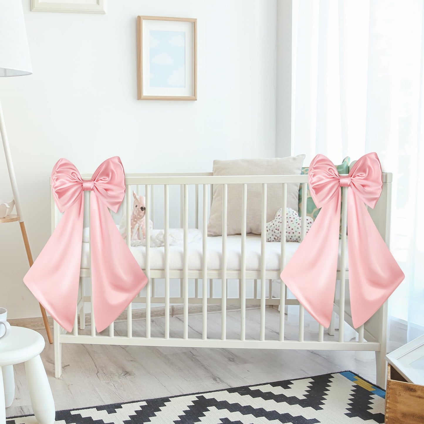 Suncalla 2 Pcs Large Pink Bows for Decoration 12" x 24" Pink Crib Bows Ribbon Coquette Double Layer Satin Silk Baby Crib Bedding for Nursery Baby Shower Curtain Tie Backs Bachelorette Wedding Decor