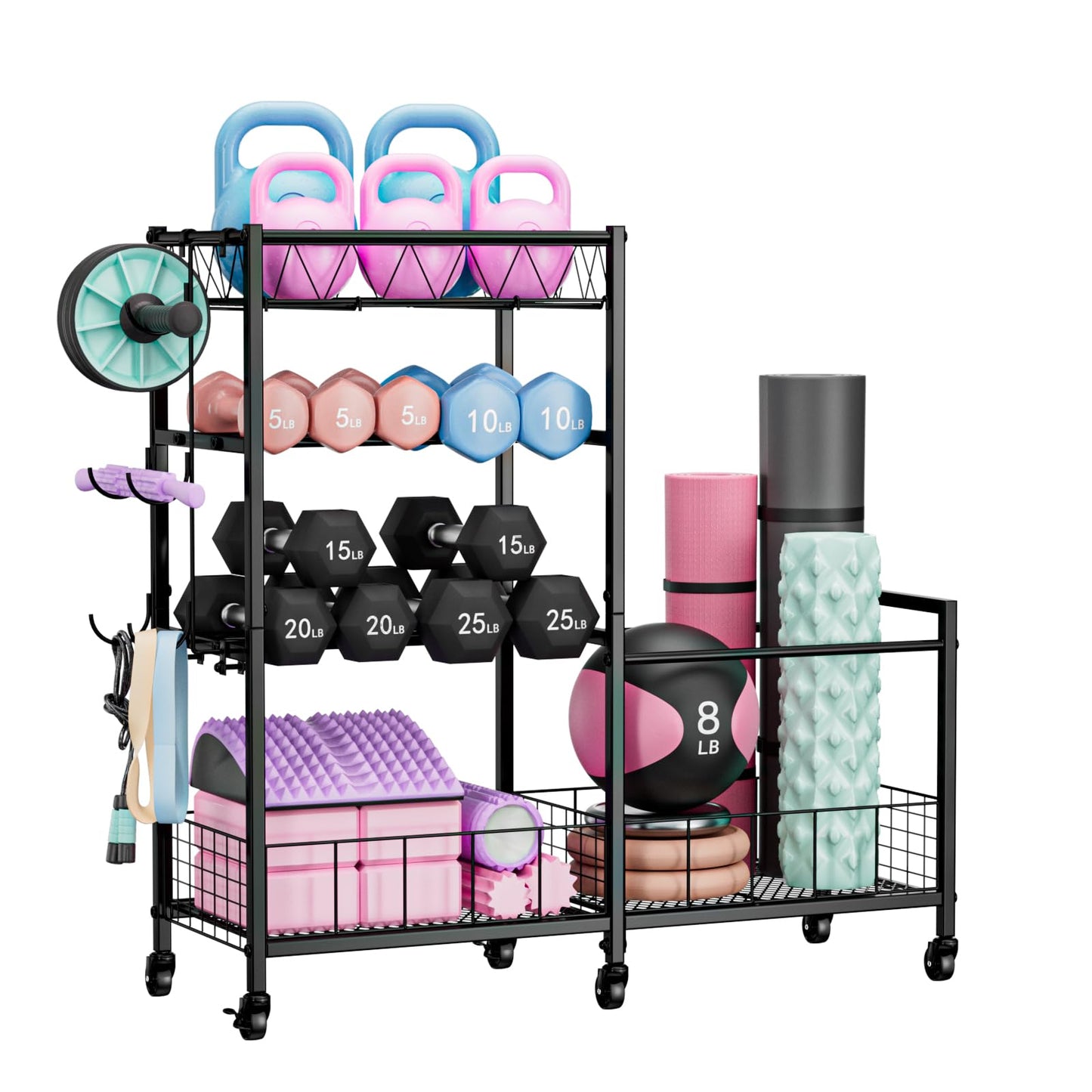HavenlyYouth 4-Tier Weight Rack Storage for Home Gym, Adjustable Dumbbell Stand Organizer with Wheels, Holds Dumbbells, Kettlebells, Yoga Mats, Fitness Equipment & Workout Accessories
