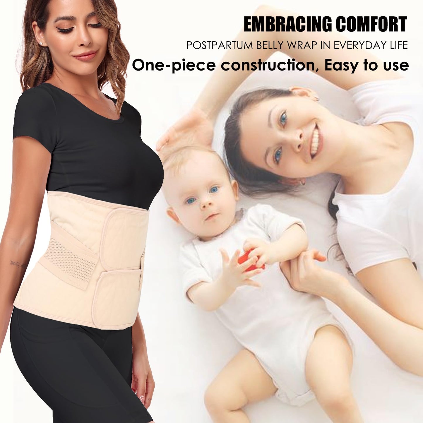 MAMODY Postpartum Belly Band – Postpartum Belly Wrap, Abdominal Binder Post Surgery C-section Recovery Support Belt After Birth Brace, Slimming Girdles (Classic Beige, L)
