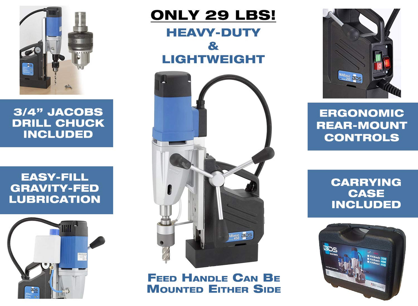 CS Unitec | MABASIC 450 | Portable Dual-Gear Portable Magnetic Drill Press. 110 V, Hole Capacity up to 2” Diameter, MT2 to 3/4" Weldon Shank, 20 Lbs – Made in Germany