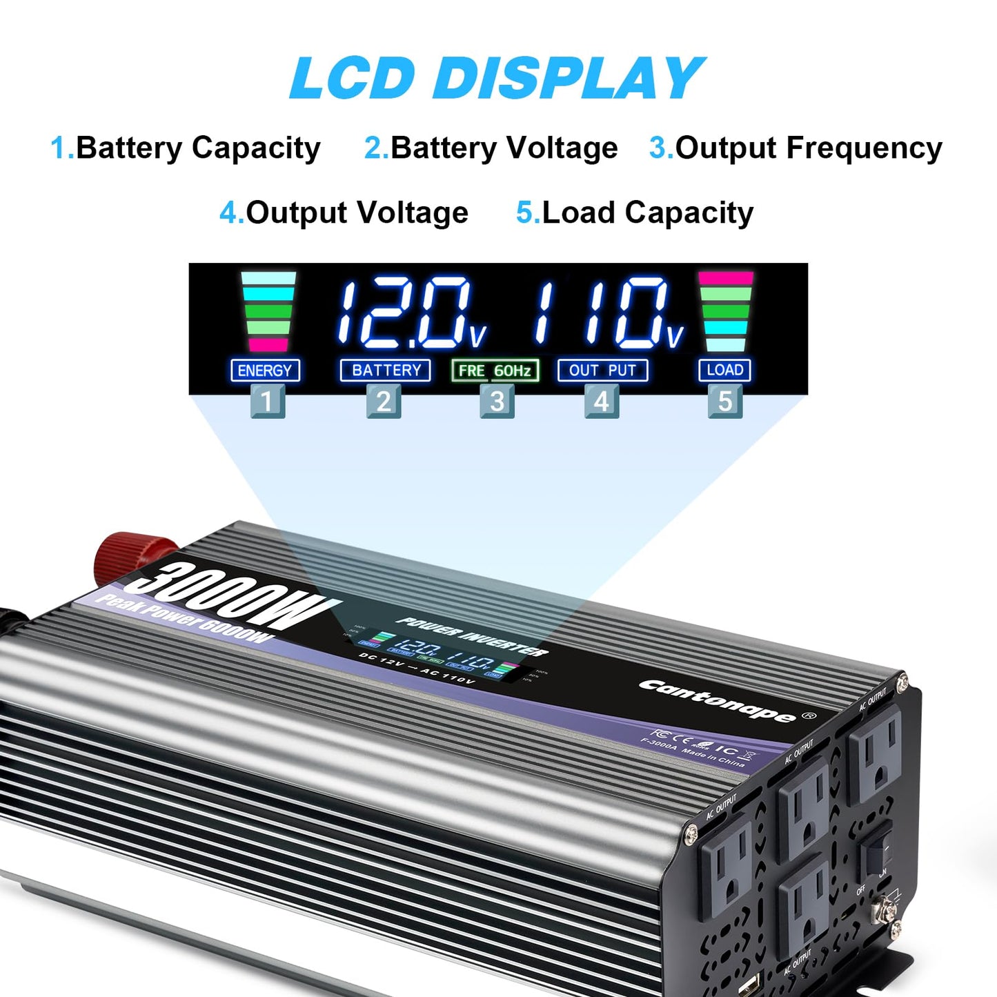Cantonape 3000W Power Inverter 12V to 110V/120V DC to AC with LCD Display, Remote Controller and 4 x AC Outlets Car Adapter for Car Truck Boat RV Off Grid Solar System
