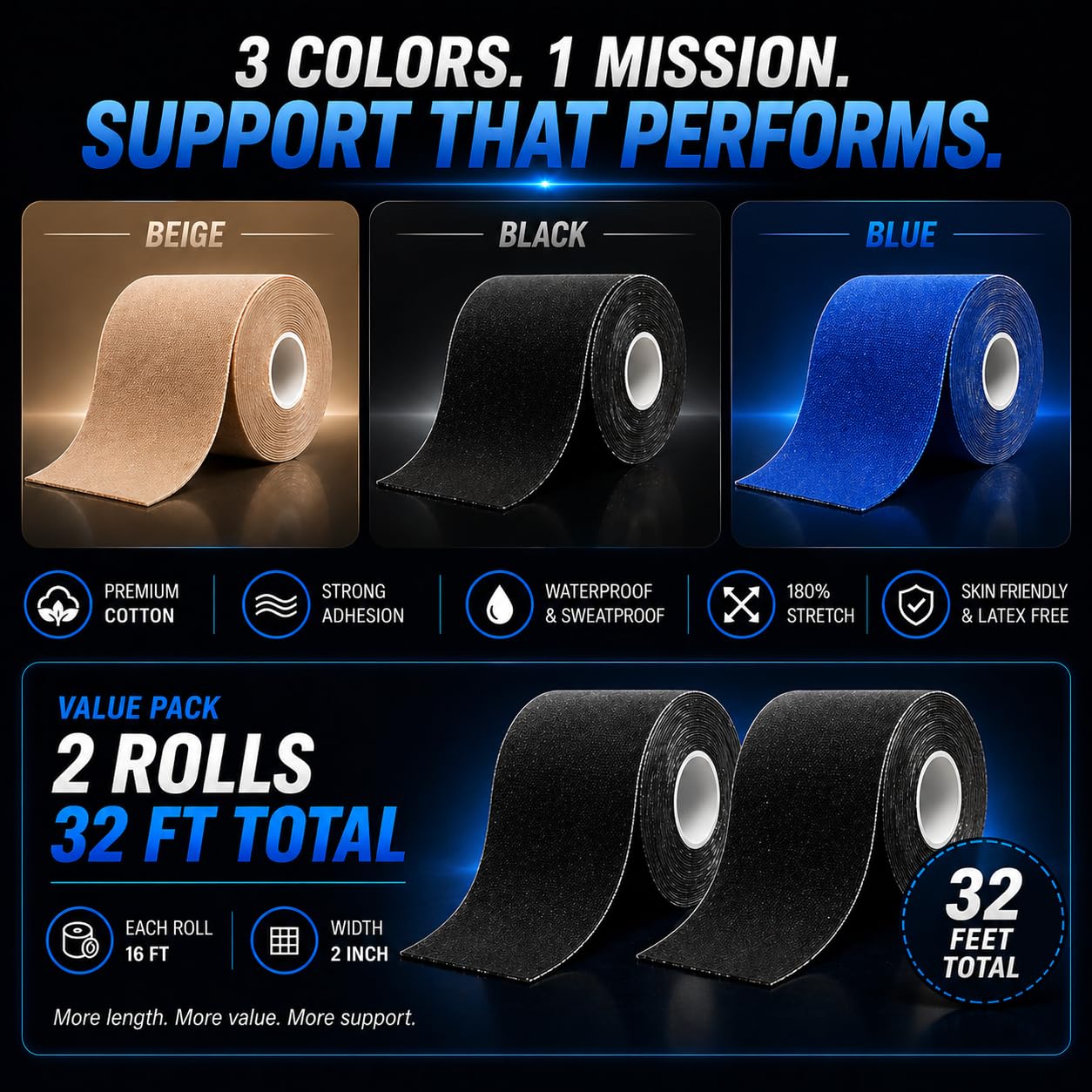 JLB Kinesiology Tape – 2 Rolls, 2 in x 16 ft – KT Tape for Shoulder, Knee, Wrist & Ankle – Waterproof Athletic Tape – Latex-Free Sports Tape for Pain Relief, Muscle Support & Physical Therapy (Black)