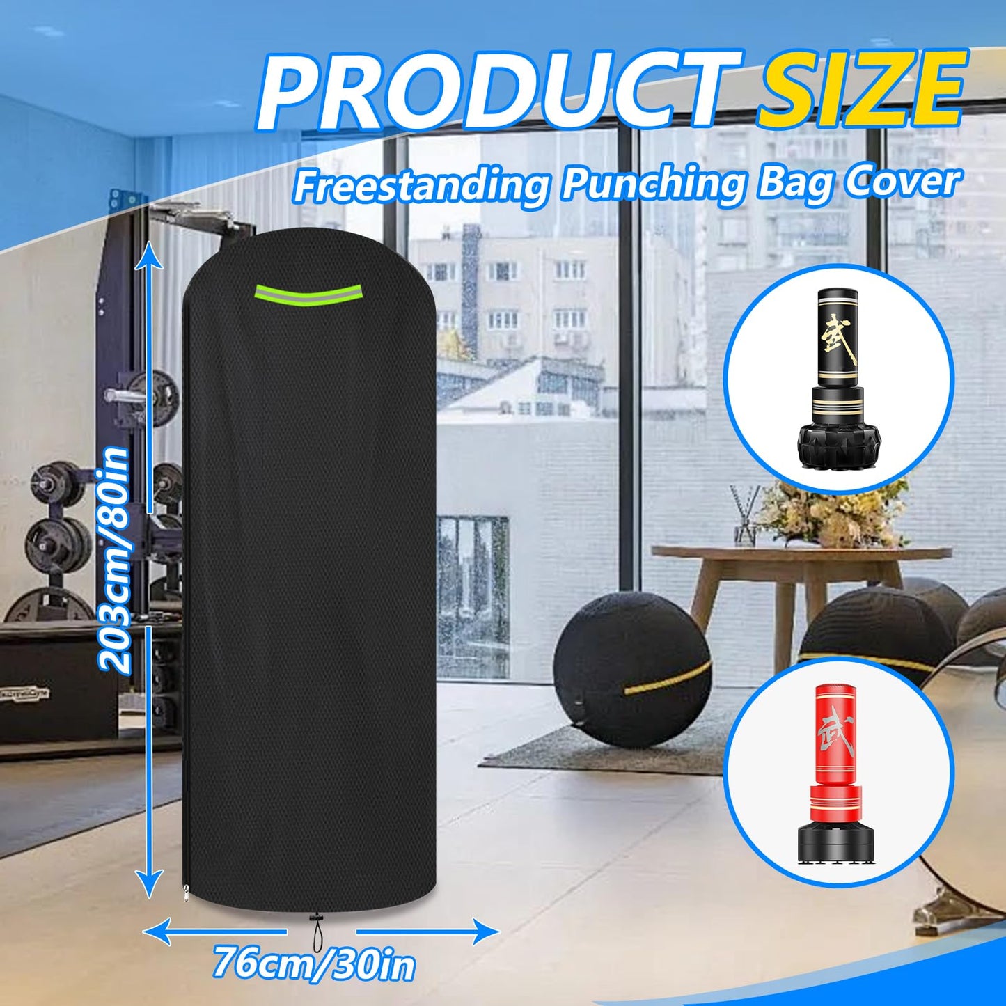 Boxing Bag Cover，80inch Protective Cover for Indoor and Outdoor Freestanding Punching Bag/Stand Kickboxing Bags,600D Heavy Duty Waterproof/UV/, All-Weather, Black,30 * 80in