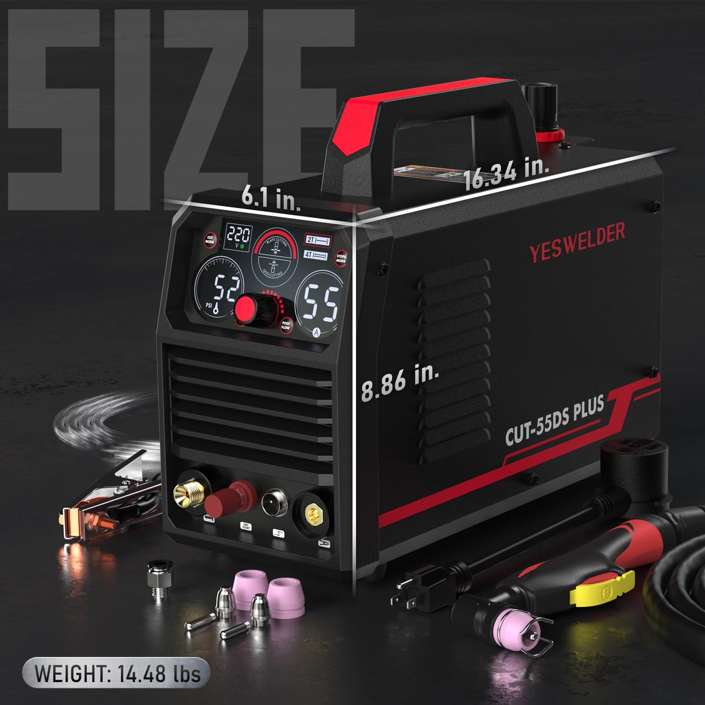 YESWELDER CUT-55DS PLUS Plasma Cutter, 55Amp Non-Touch Pilot Arc Air Power, 2-In-1 Plate Cutting/Grid Cutting Plasma Cutting Machine & 40ft 250 Volt Welder Extension Cord 8 AWG Power Extension
