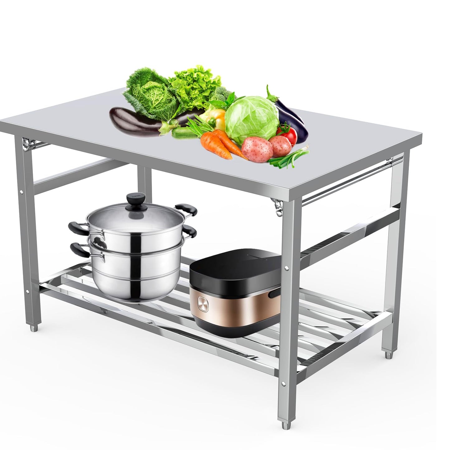 GlowSol Stainless Steel Prep Table 48 x 24 Inch, NSF Commercial Heavy Duty Stainless Steel Work Folding Table with Undershelf, Kitchen Island, Laundry Folding Table, Outdoor Cooking Table, Silver