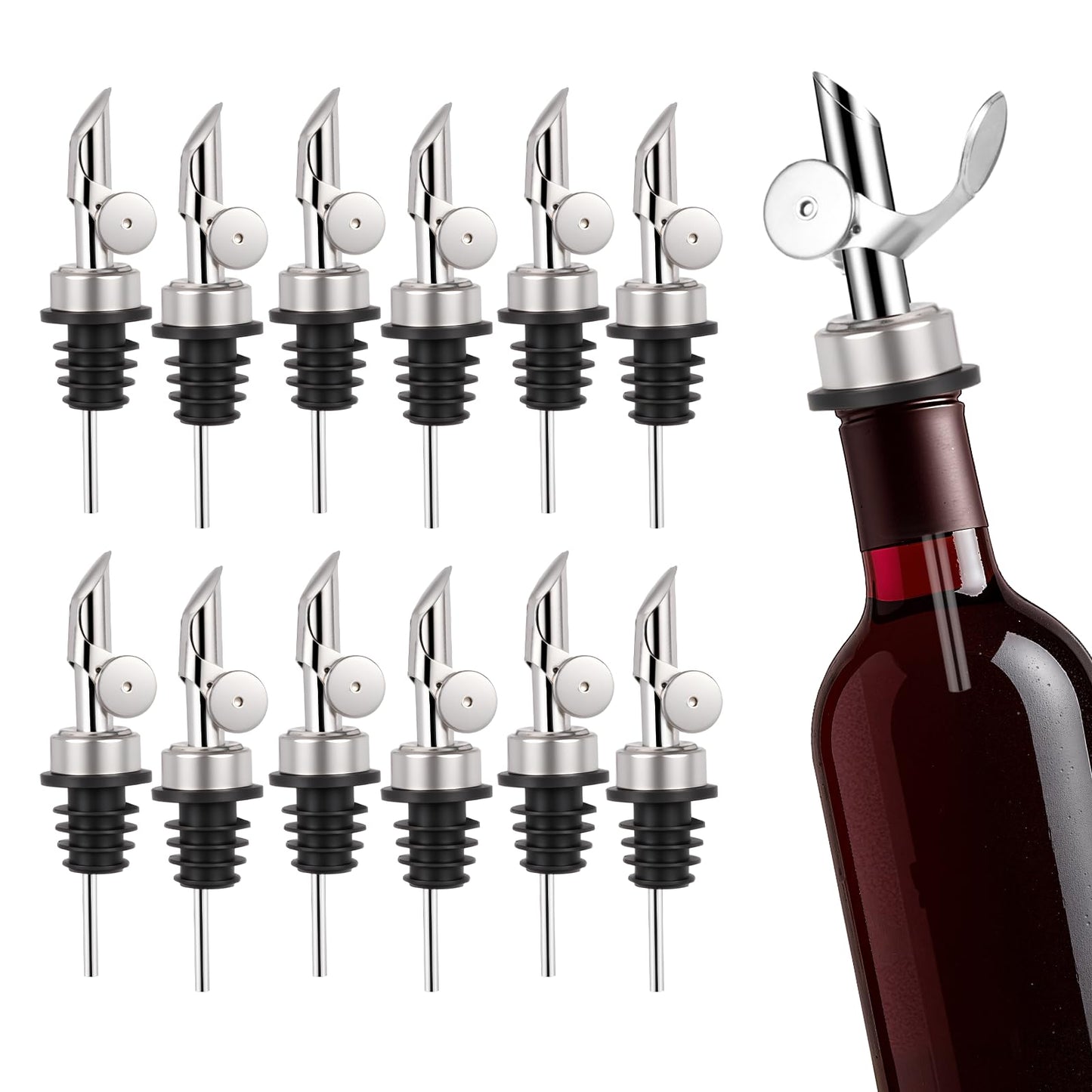 Hjldaeu 12PCS Weighted Liquor Pour Spout, Stainless Steel Liquor Bottle Pourers, Auto Flip Olive Oil Spout Bottle Pourers for Wine Syrup Vinegar Home Bar Accessories